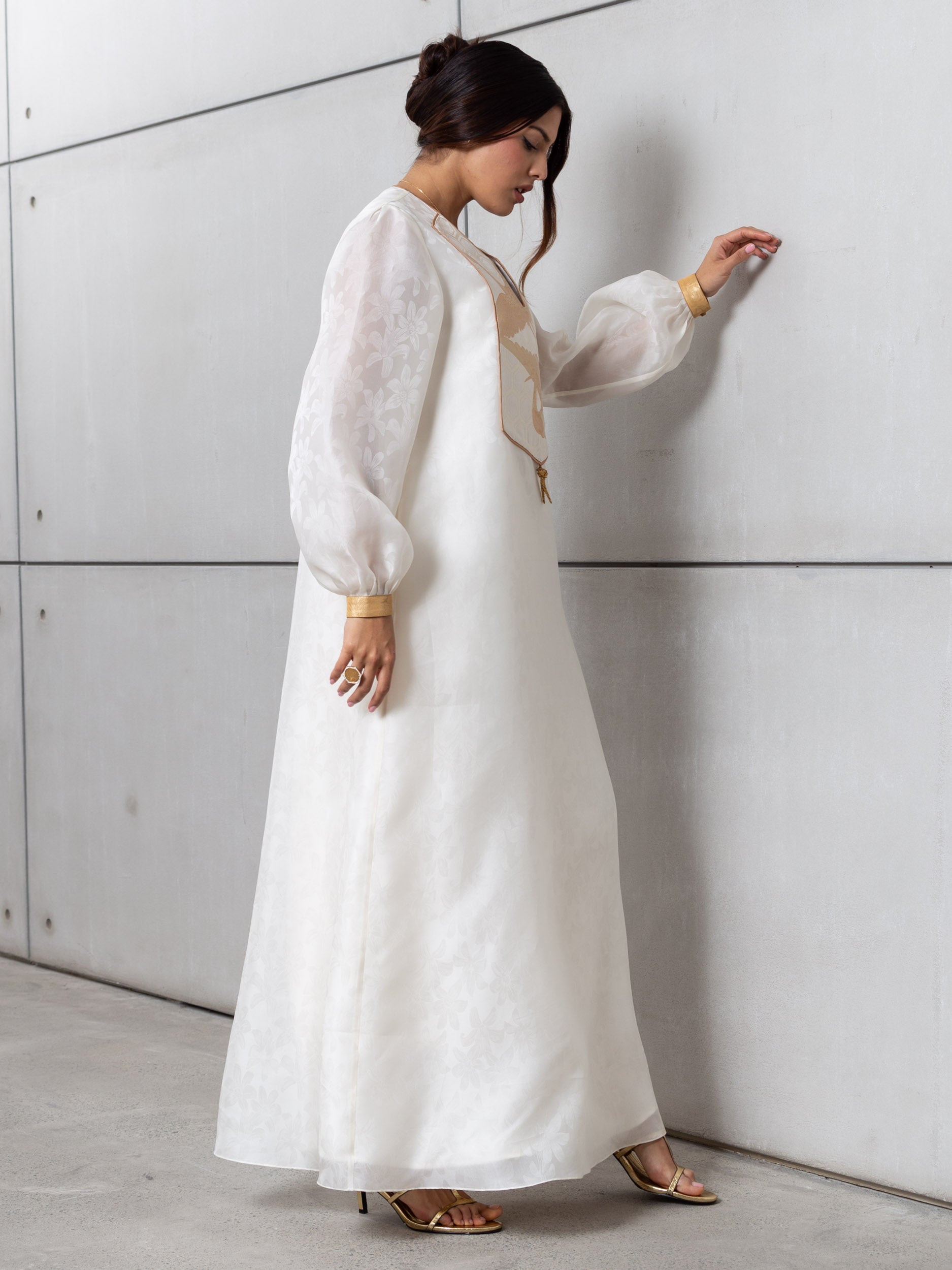 Silk Organza in White with Golden Cranes RTW