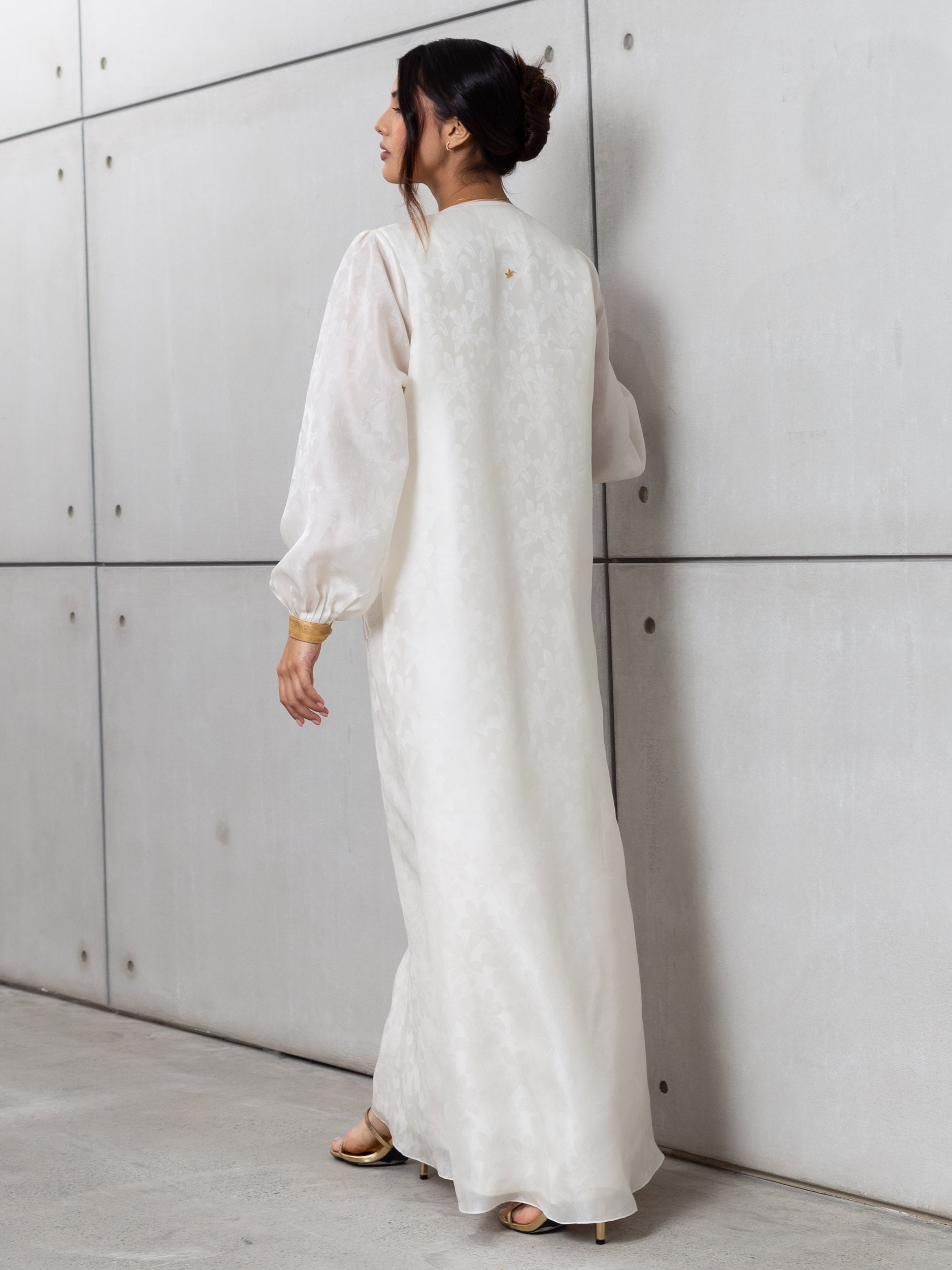Silk Organza in White with Golden Cranes RTW