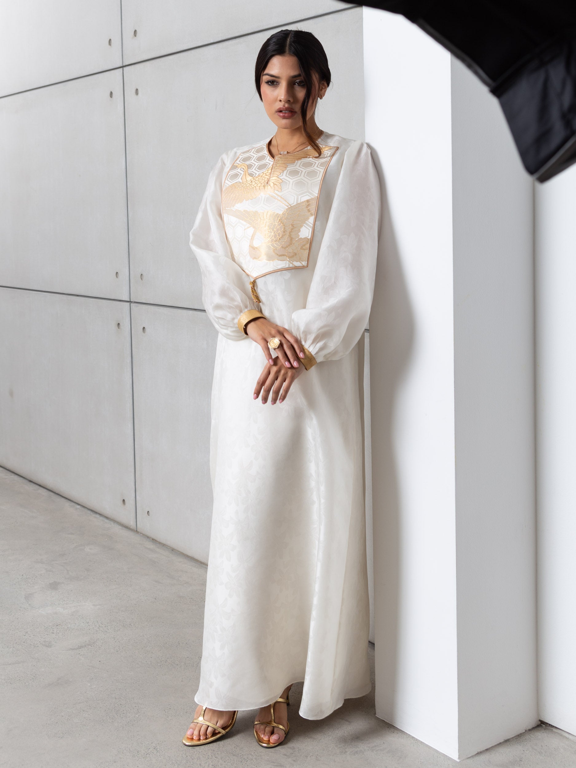 Silk Organza in White with Golden Cranes RTW