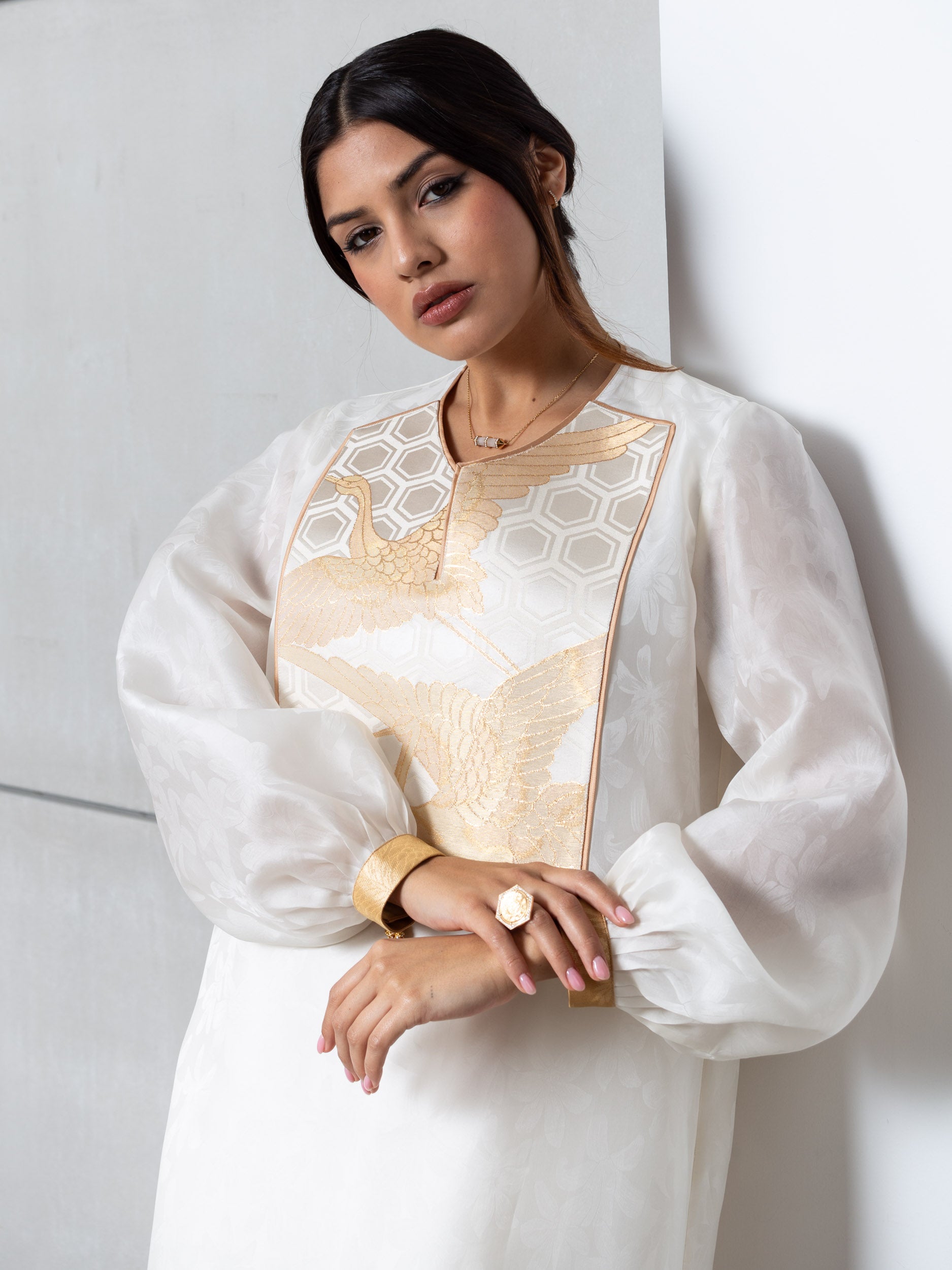 Silk Organza in White with Golden Cranes RTW