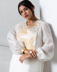Silk Organza in White with Golden Cranes RTW