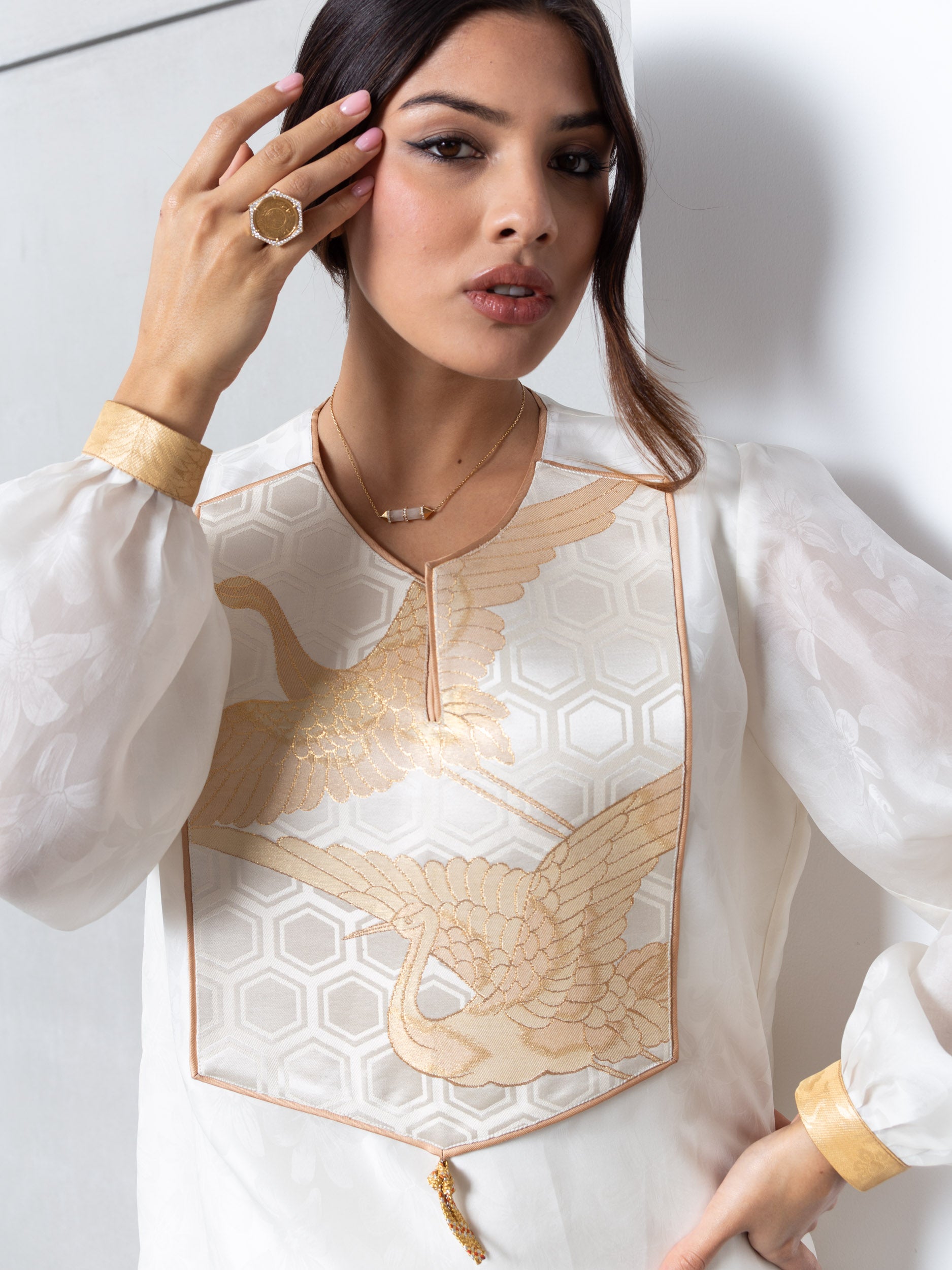 Silk Organza in White with Golden Cranes RTW