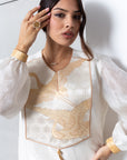 Silk Organza in White with Golden Cranes RTW