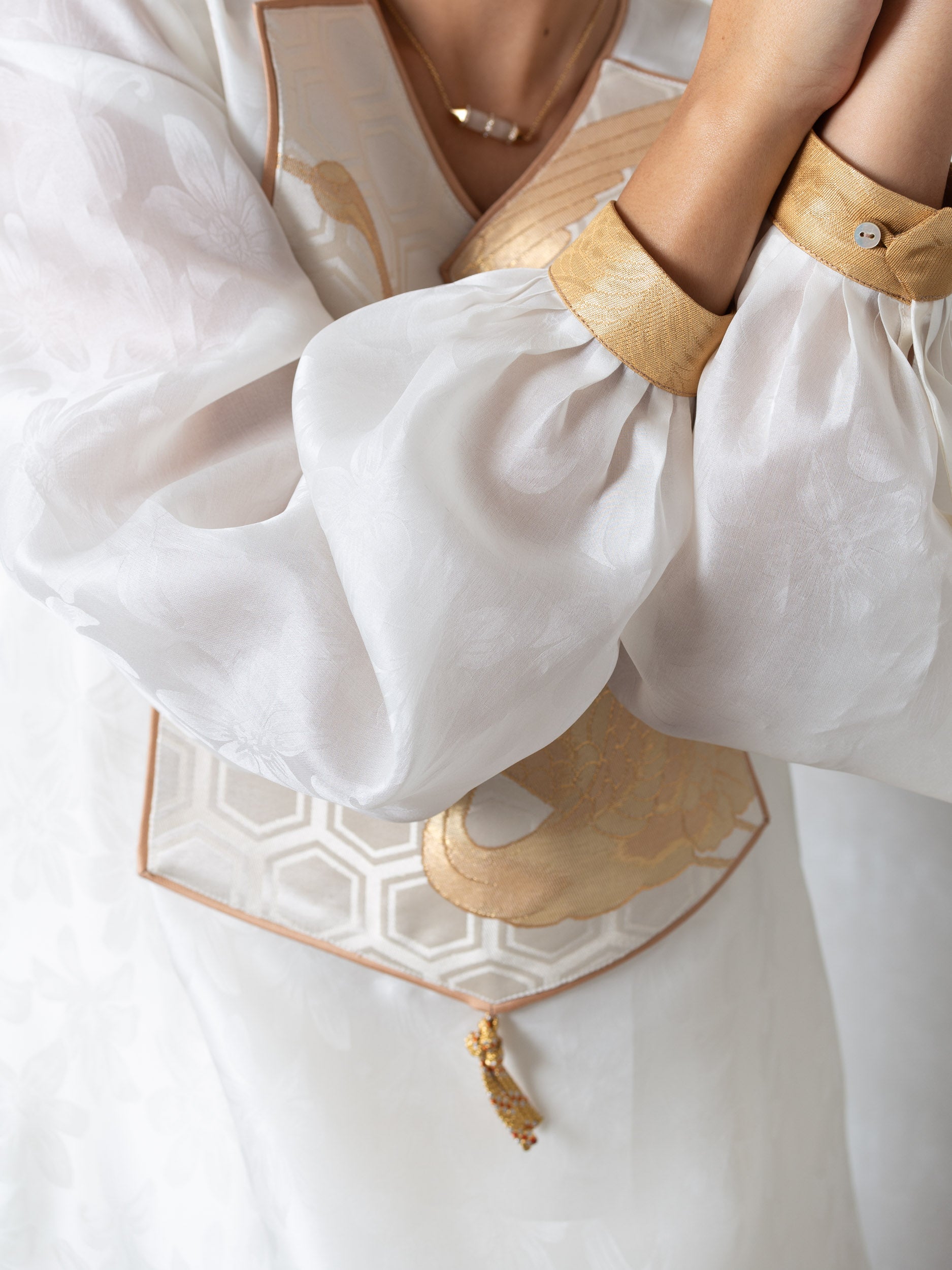Silk Organza in White with Golden Cranes RTW