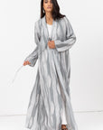 Tencel Linen Abaya with Shawl Collar and Tassel - Button Details