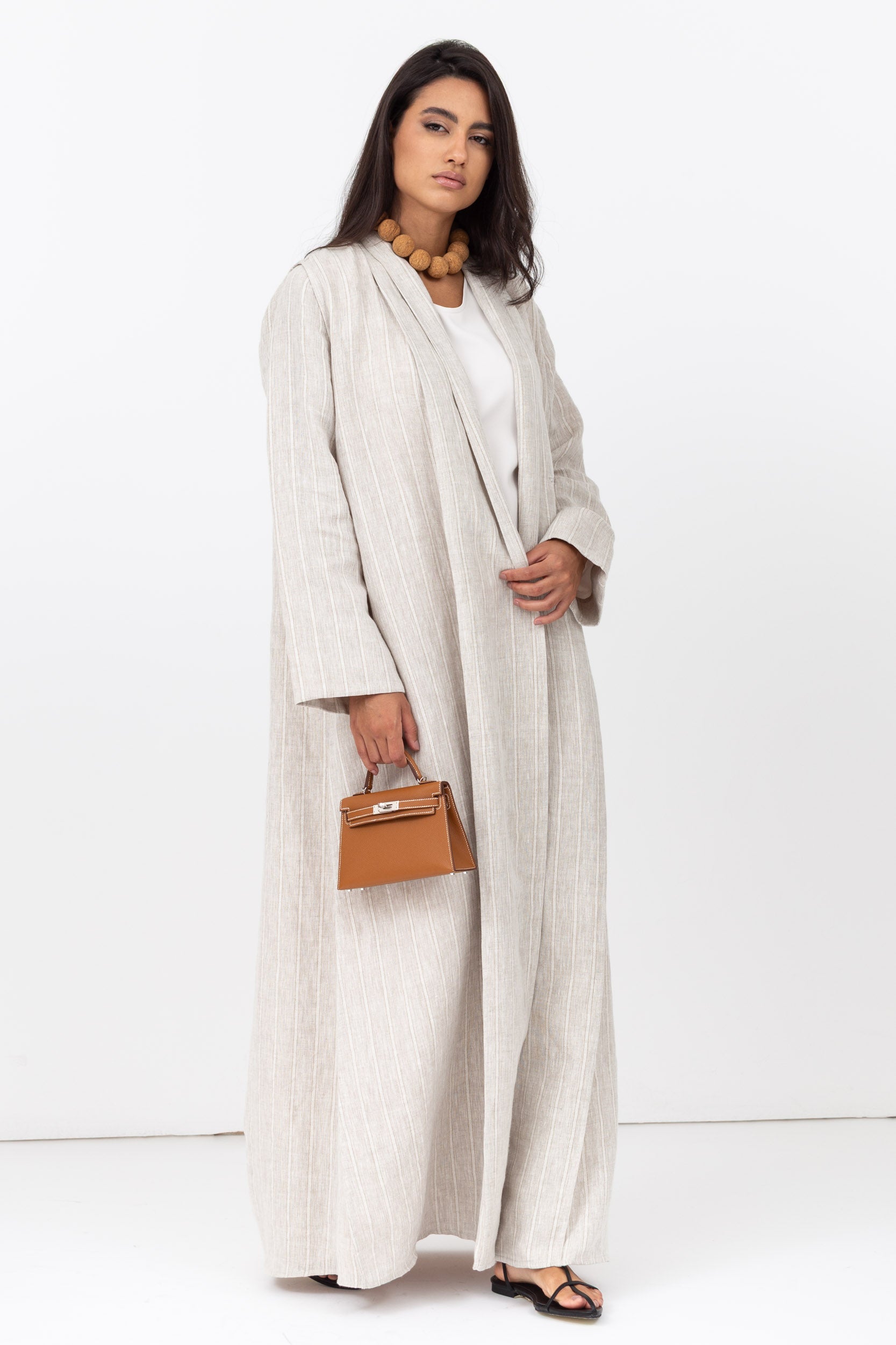 Stripe Linen Abaya in Beige with Button Closing RTW