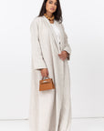 Stripe Linen Abaya in Beige with Button Closing RTW