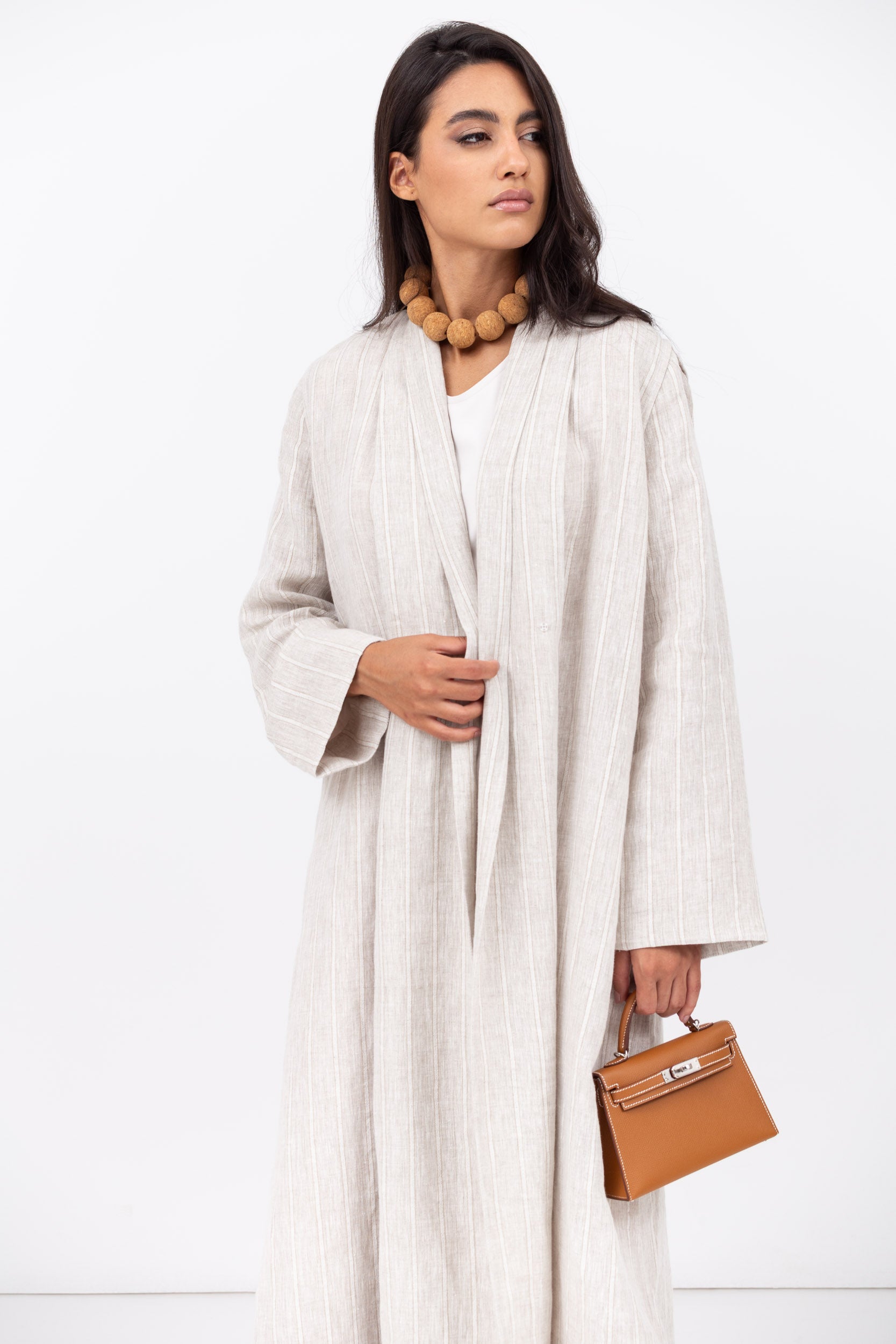 Stripe Linen Abaya in Beige with Button Closing RTW
