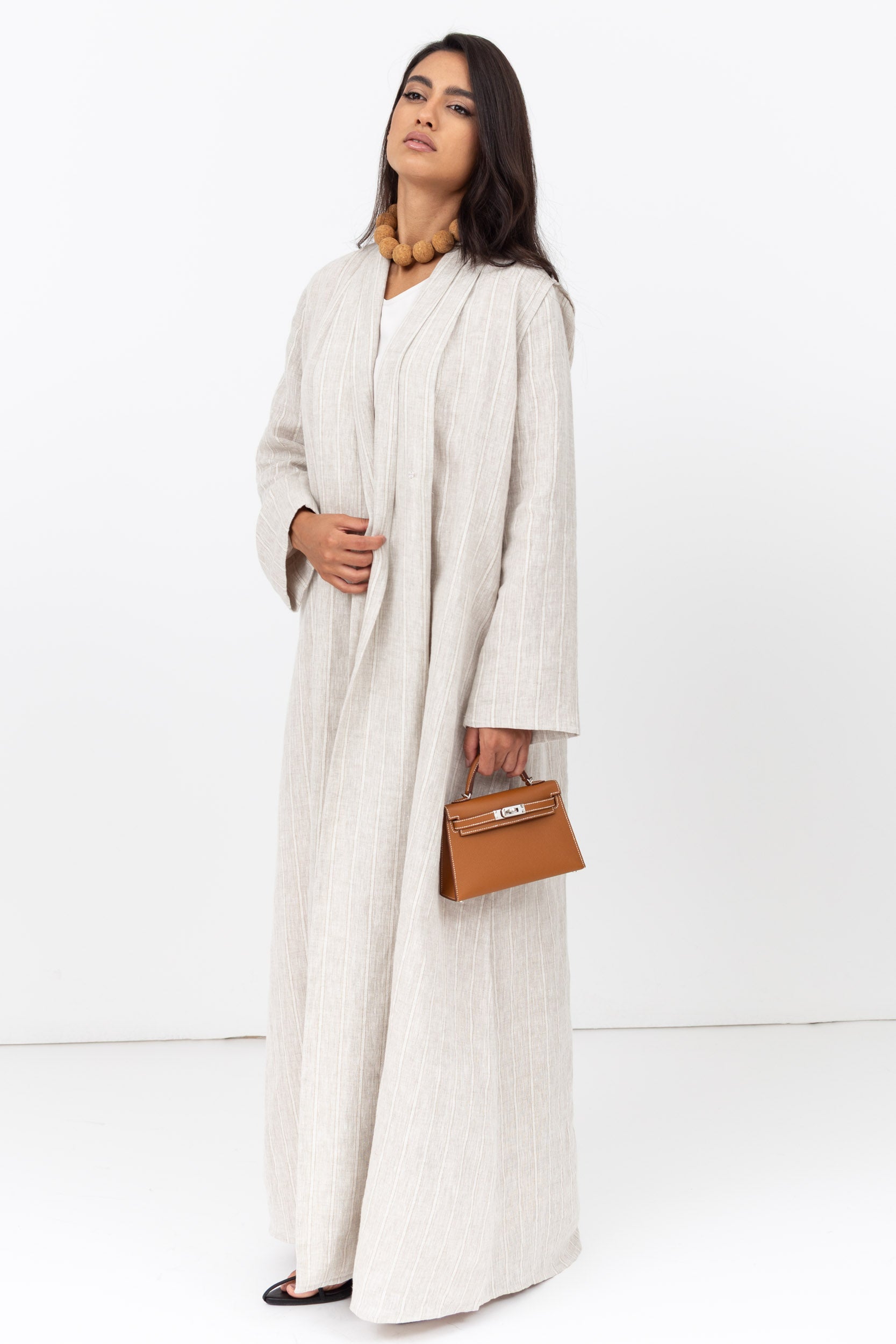Stripe Linen Abaya in Beige with Button Closing RTW