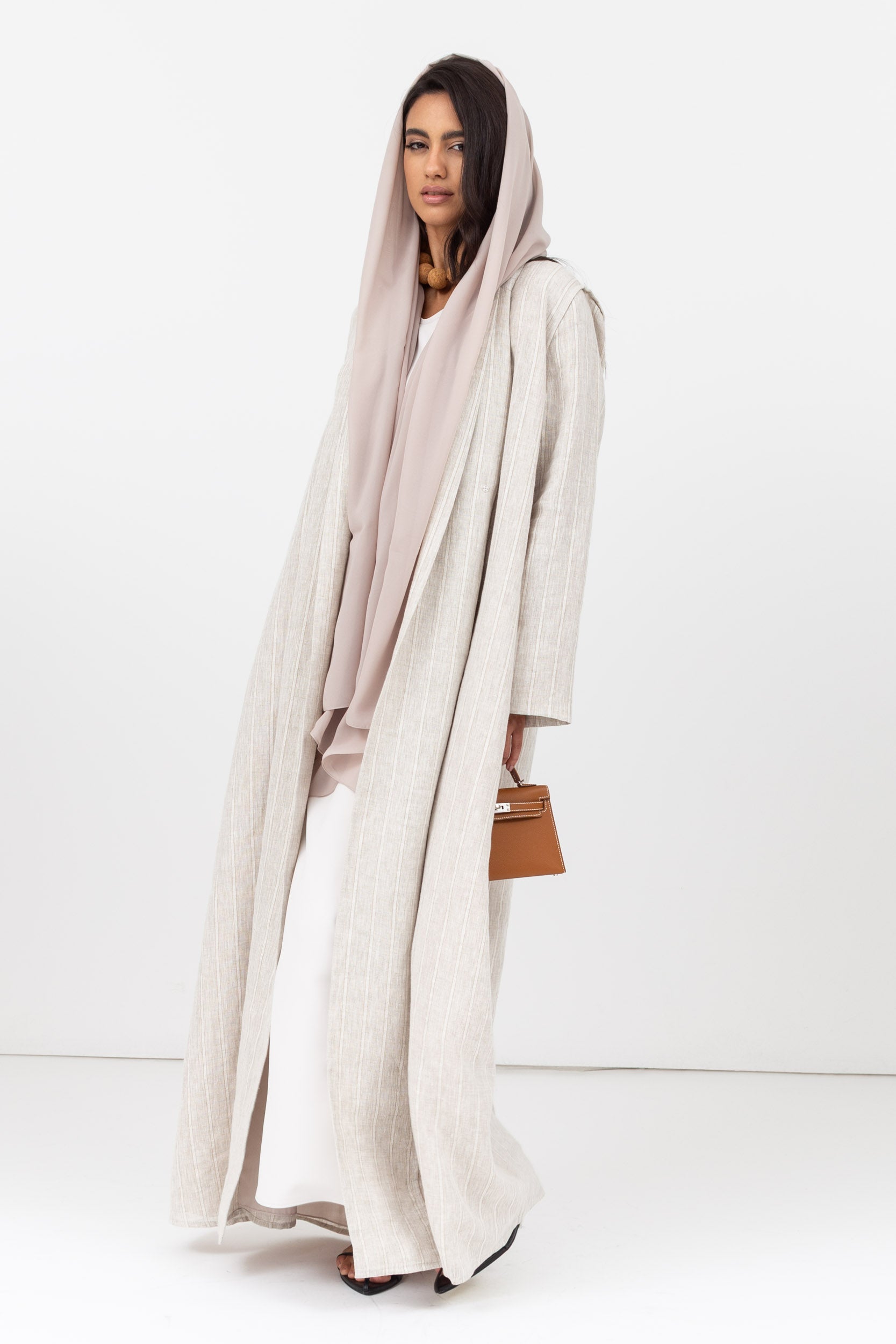 Stripe Linen Abaya in Beige with Button Closing RTW