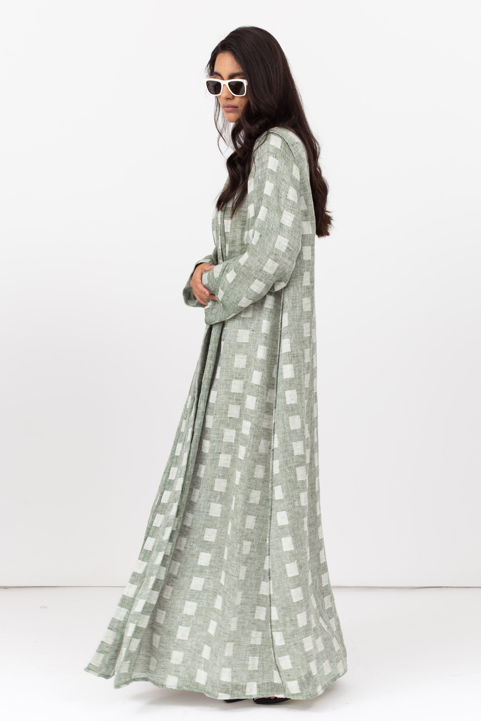 Loose Cut Abaya in Square Pattern Linen  RTW