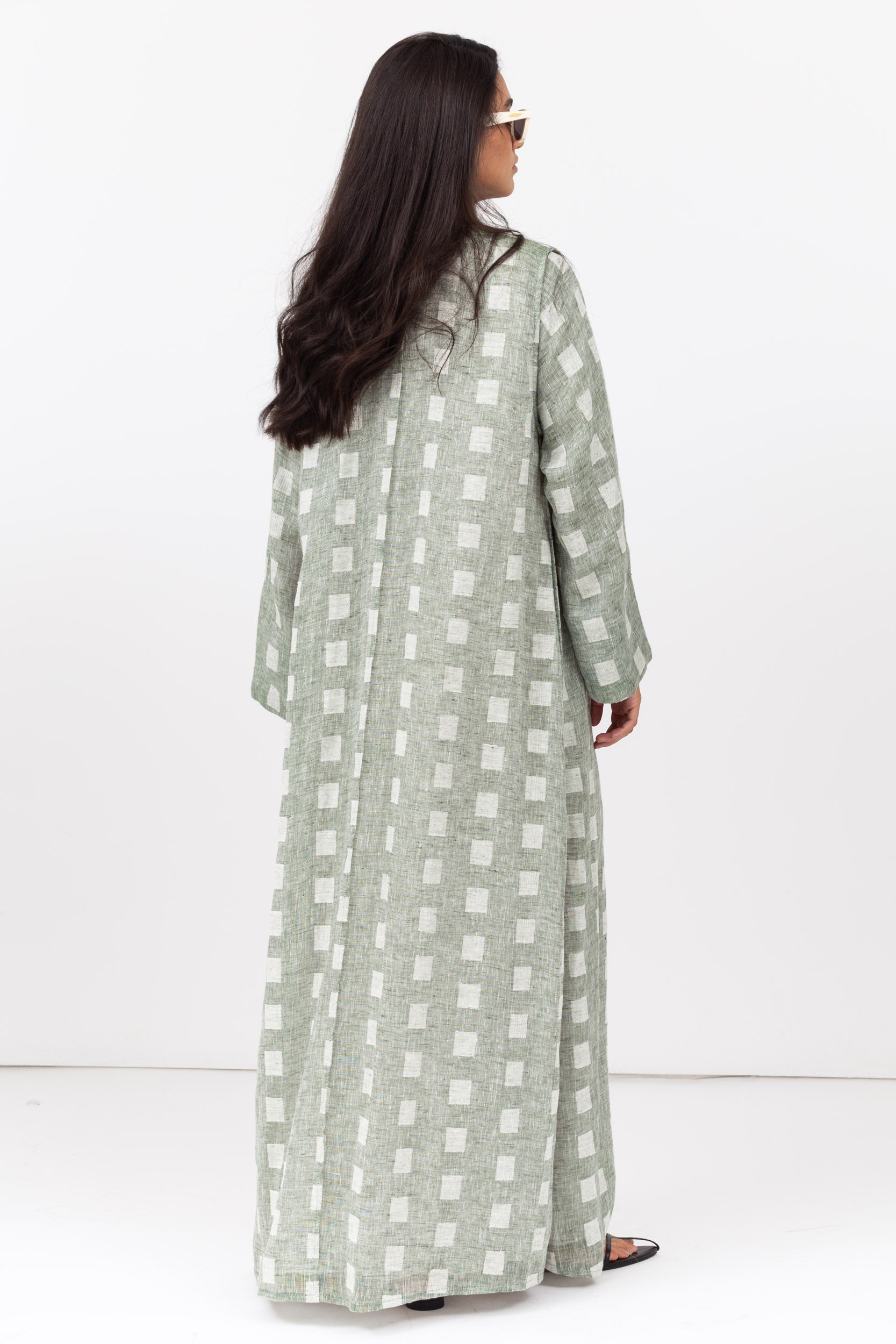 Loose Cut Abaya in Square Pattern Linen  RTW