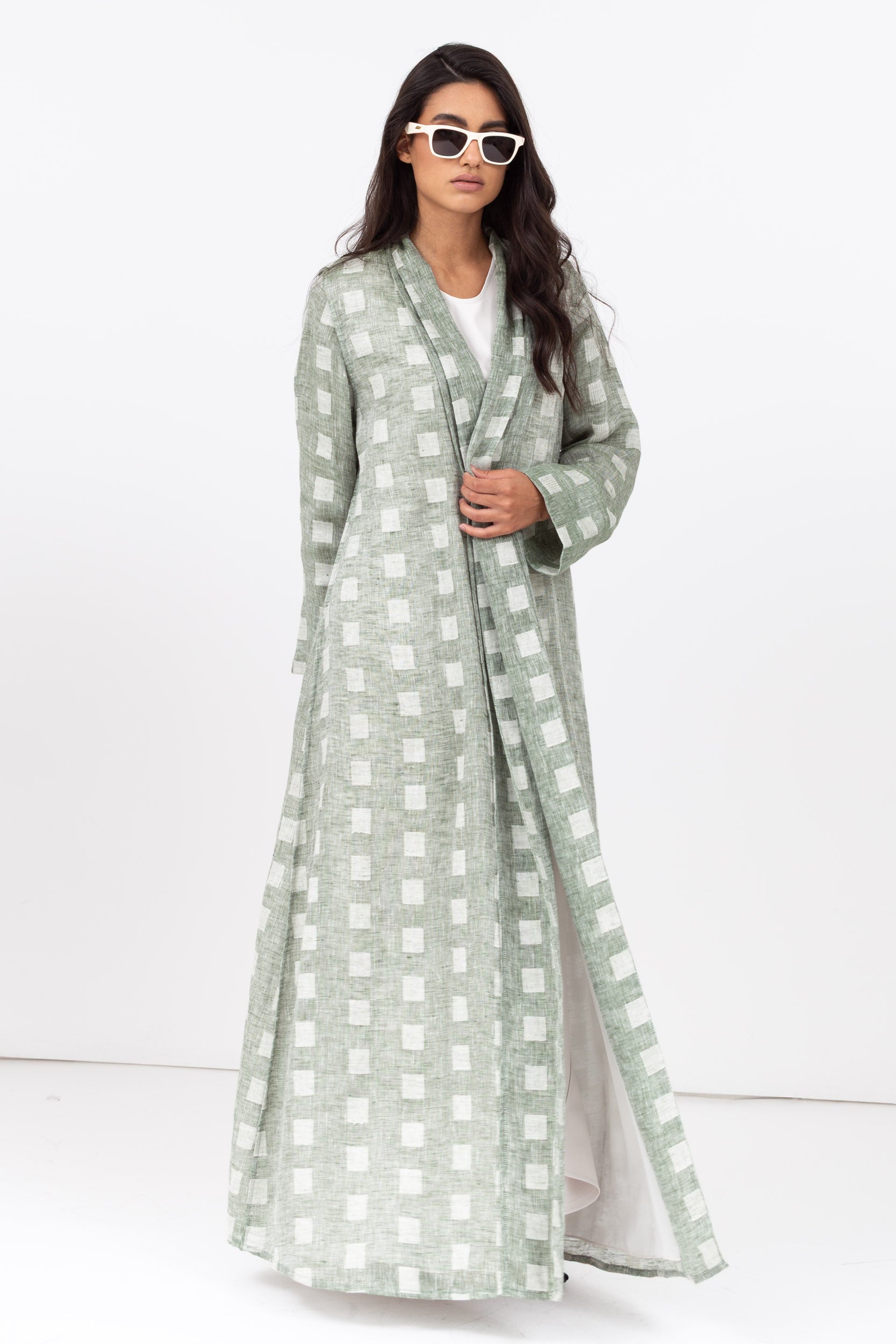 Loose Cut Abaya in Square Pattern Linen  RTW