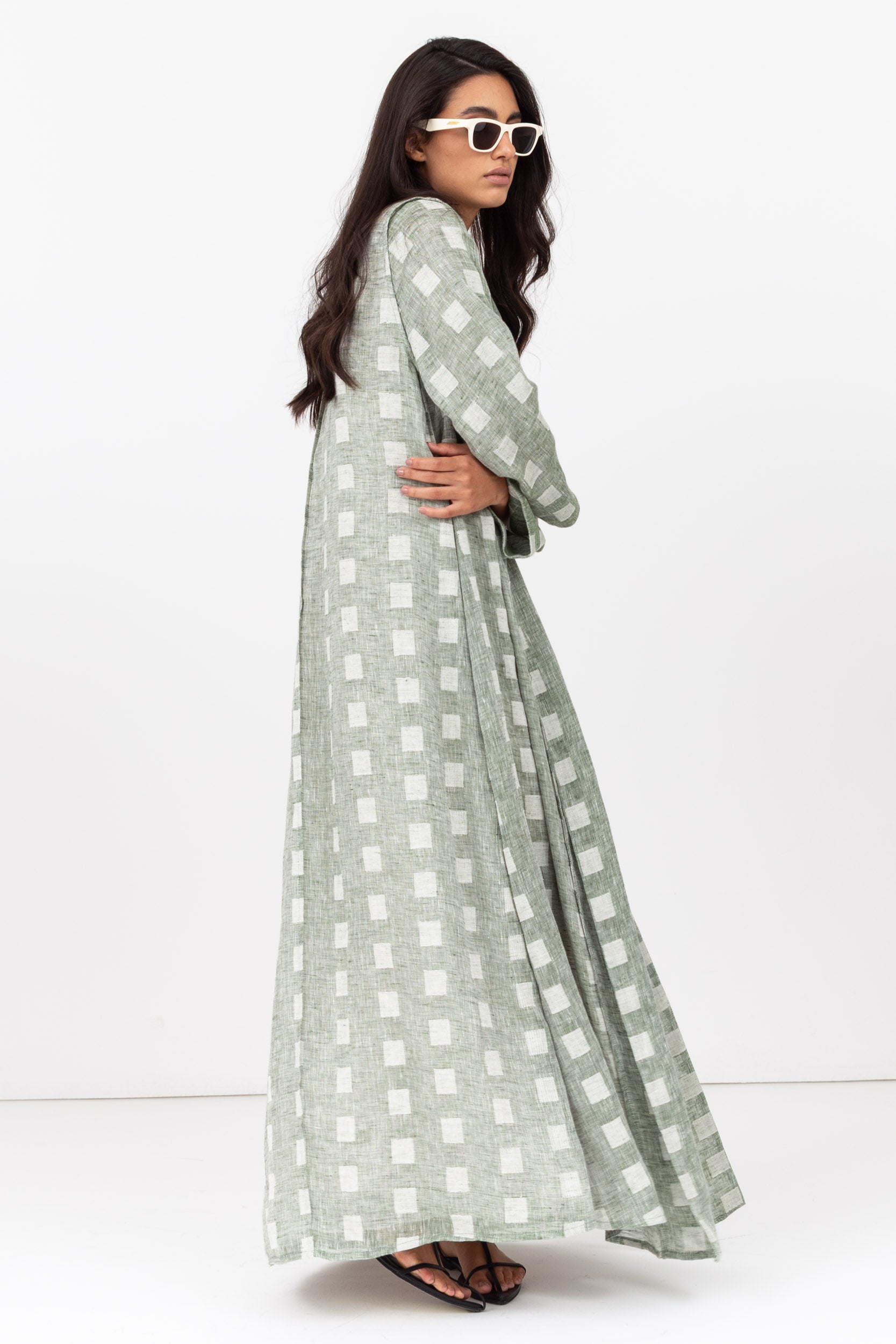 Loose Cut Abaya in Square Pattern Linen  RTW