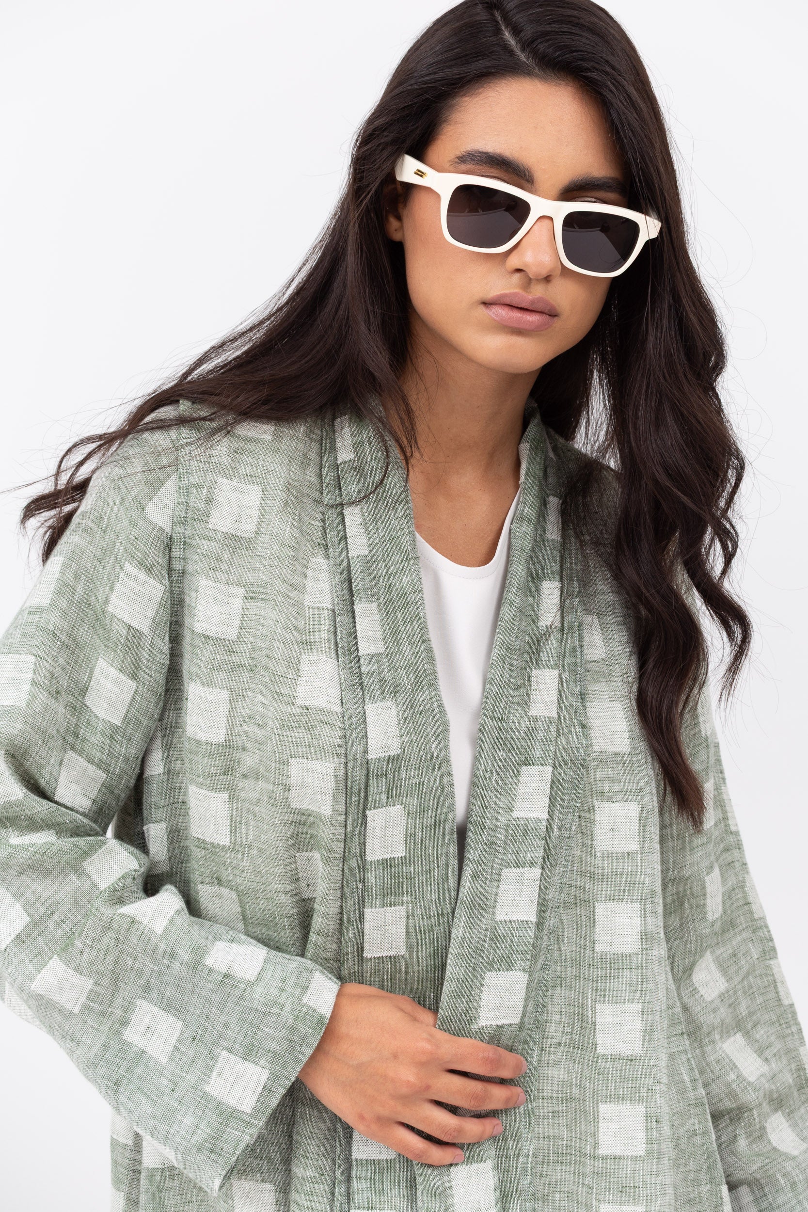 Loose Cut Abaya in Square Pattern Linen  RTW