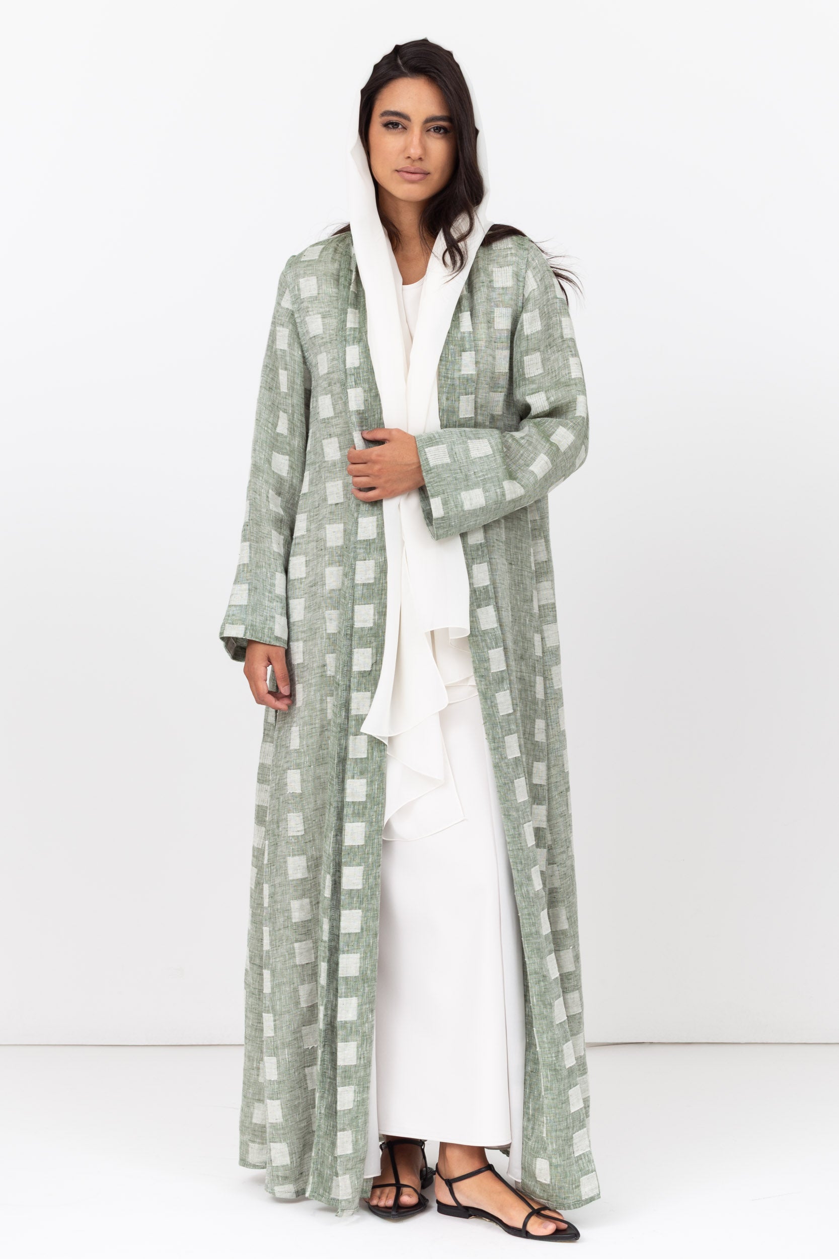 Loose Cut Abaya in Square Pattern Linen  RTW