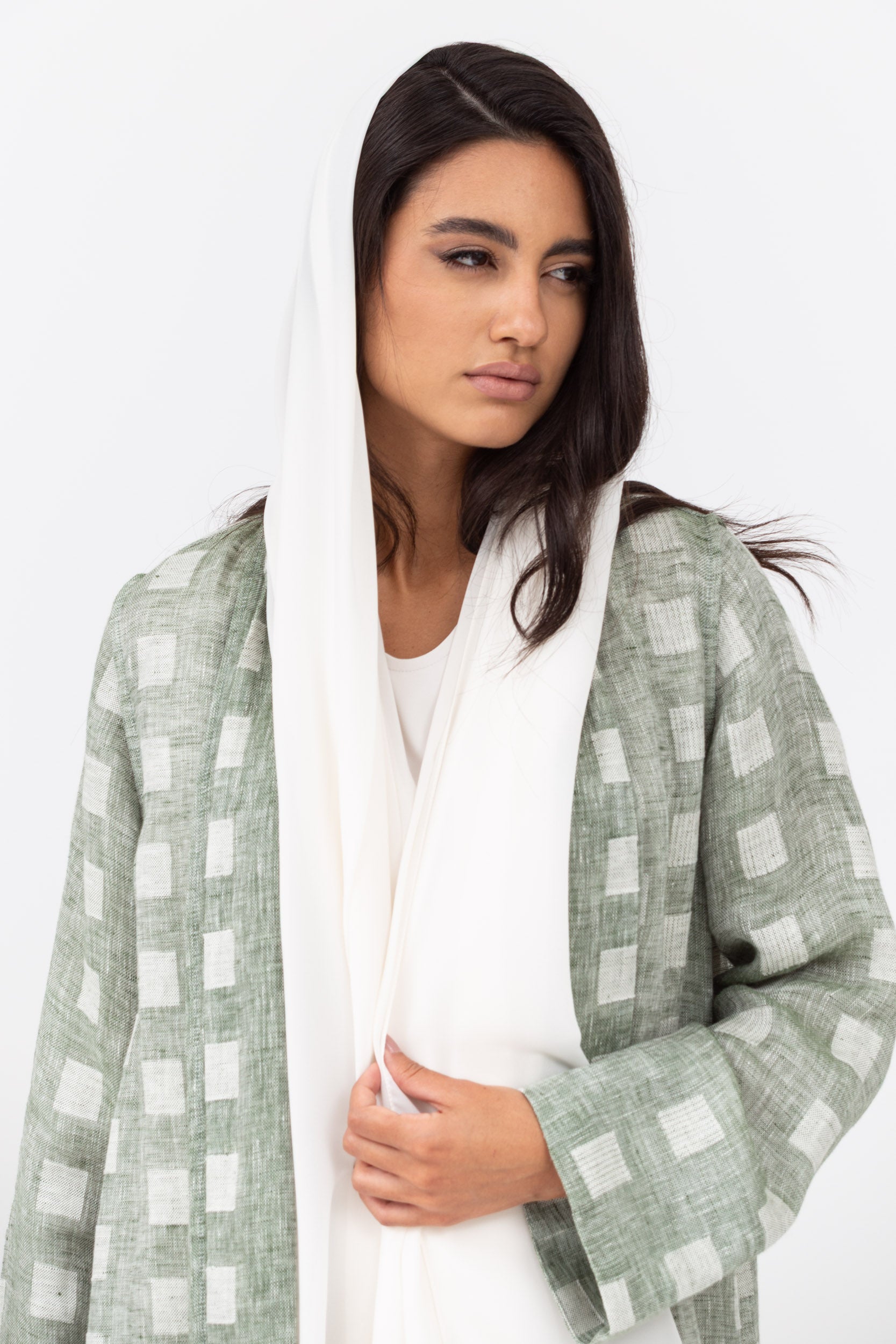 Loose Cut Abaya in Square Pattern Linen  RTW