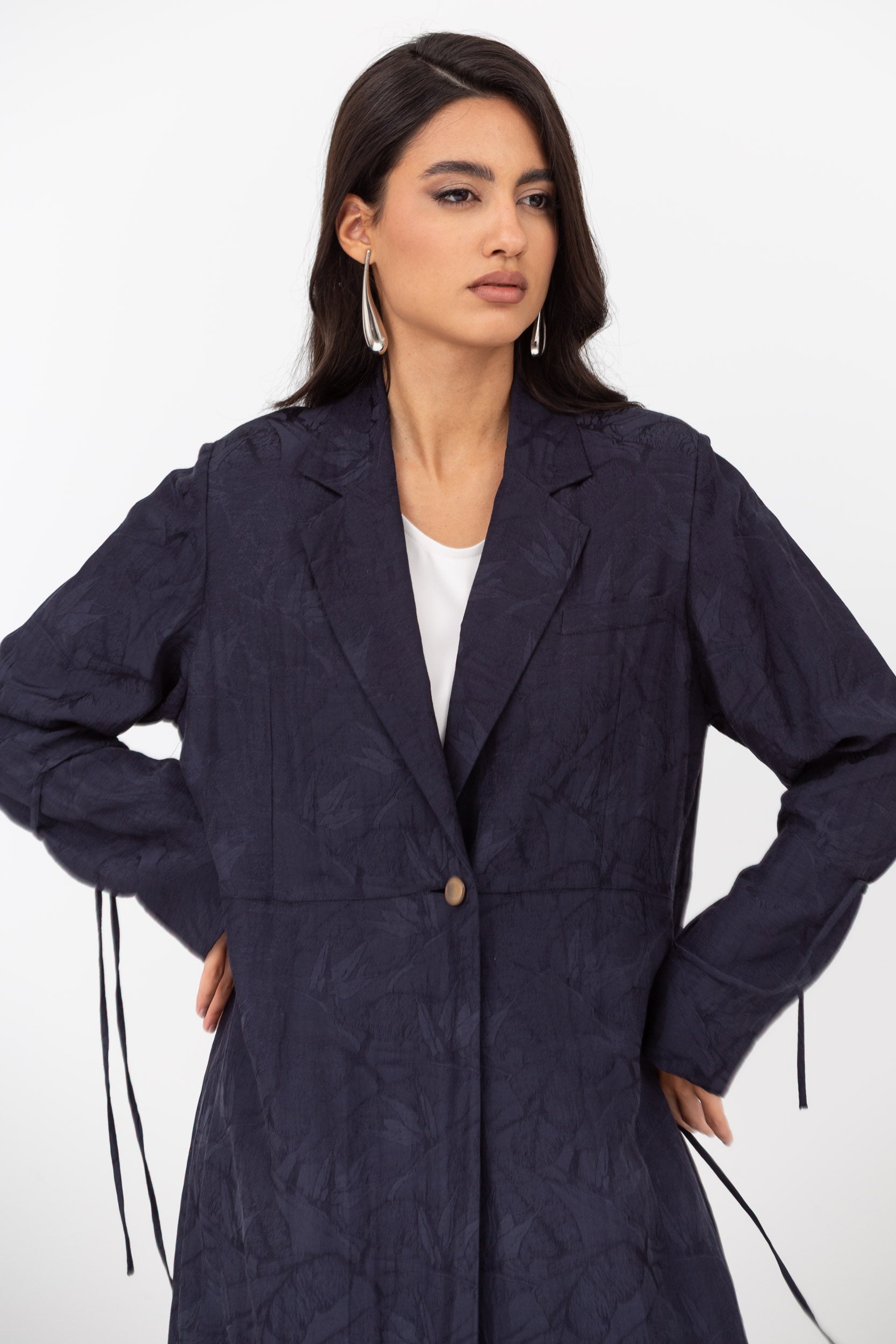 Suit Abaya in Navy Blue Jacquard Linen