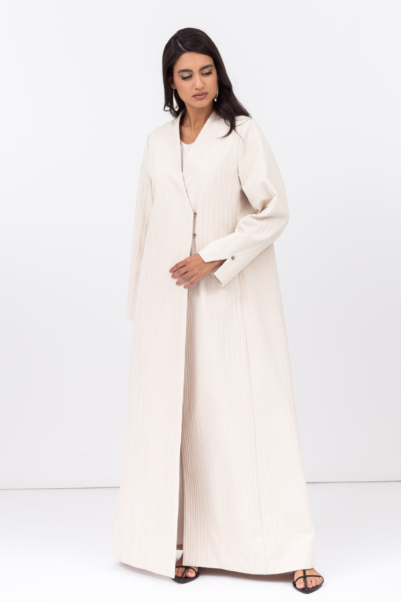 Double Button Textured Tensil Abaya in Creme RTW