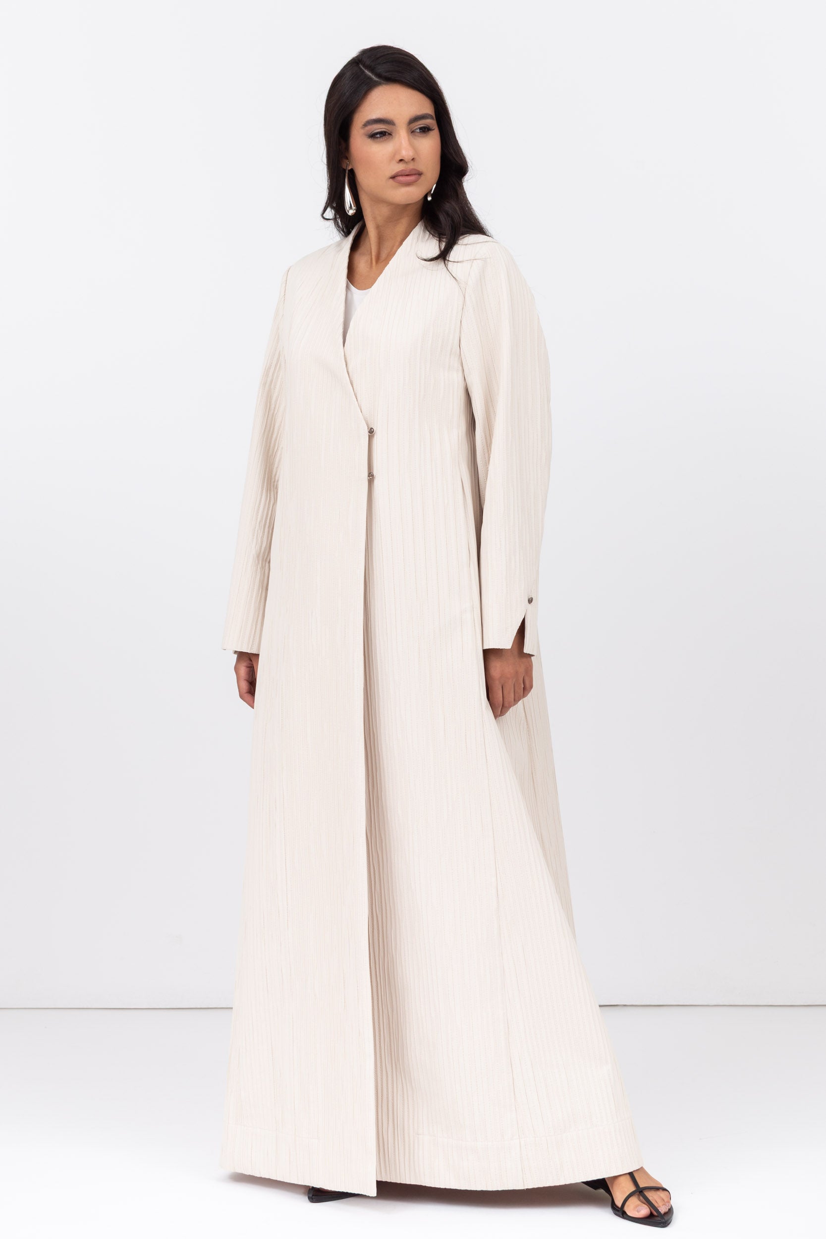 Double Button Textured Tensil Abaya in Creme RTW