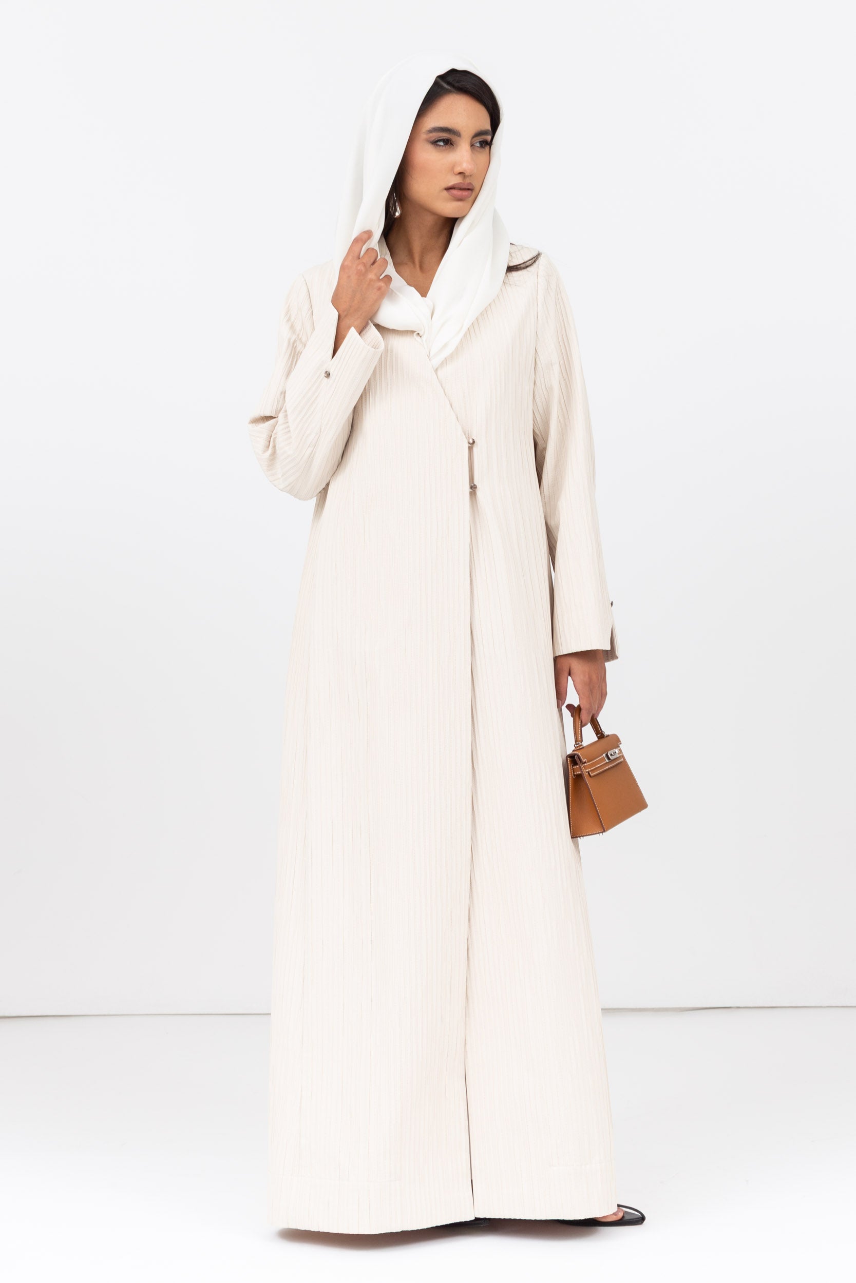 Double Button Textured Tensil Abaya in Creme RTW