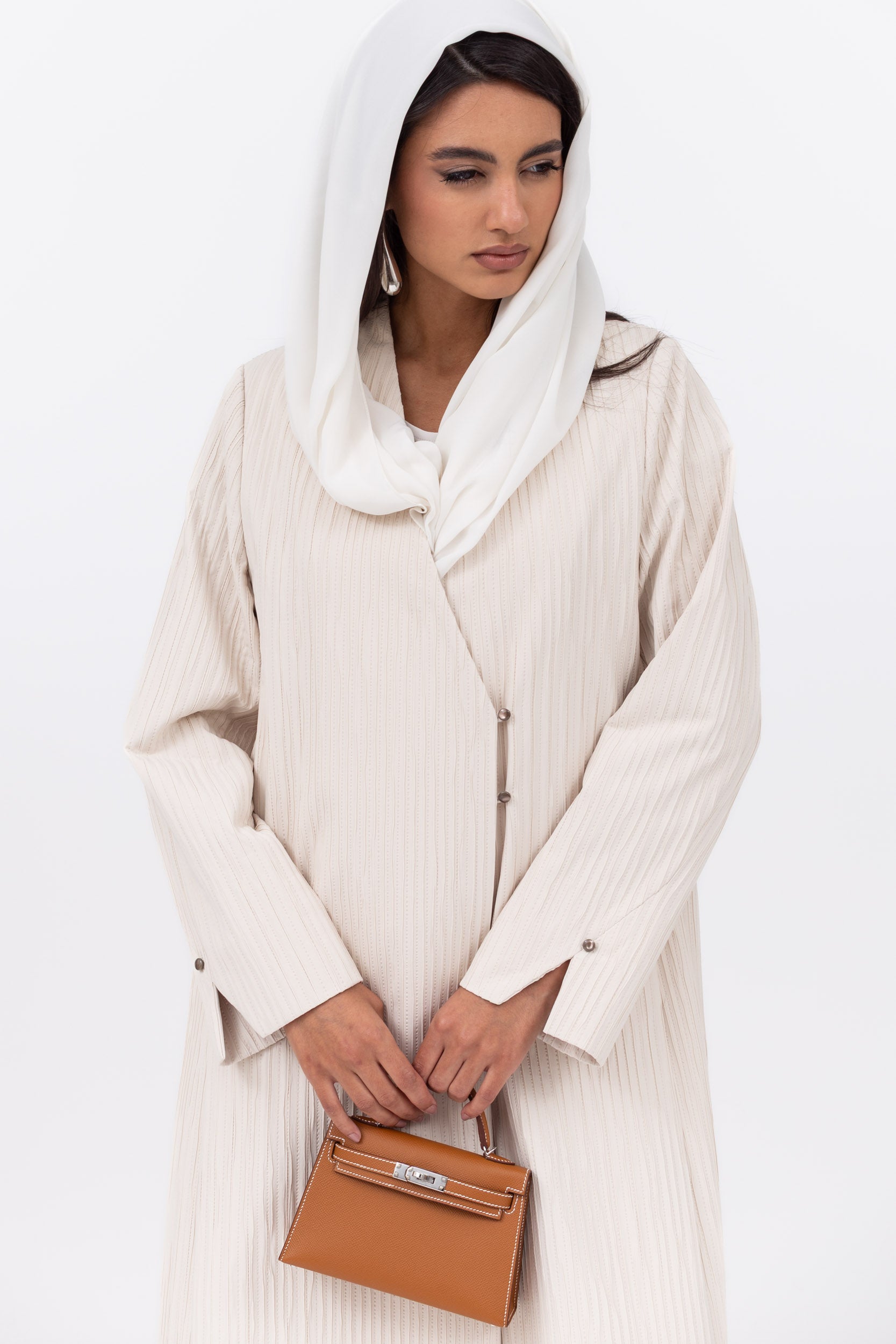 Double Button Textured Tensil Abaya in Creme RTW