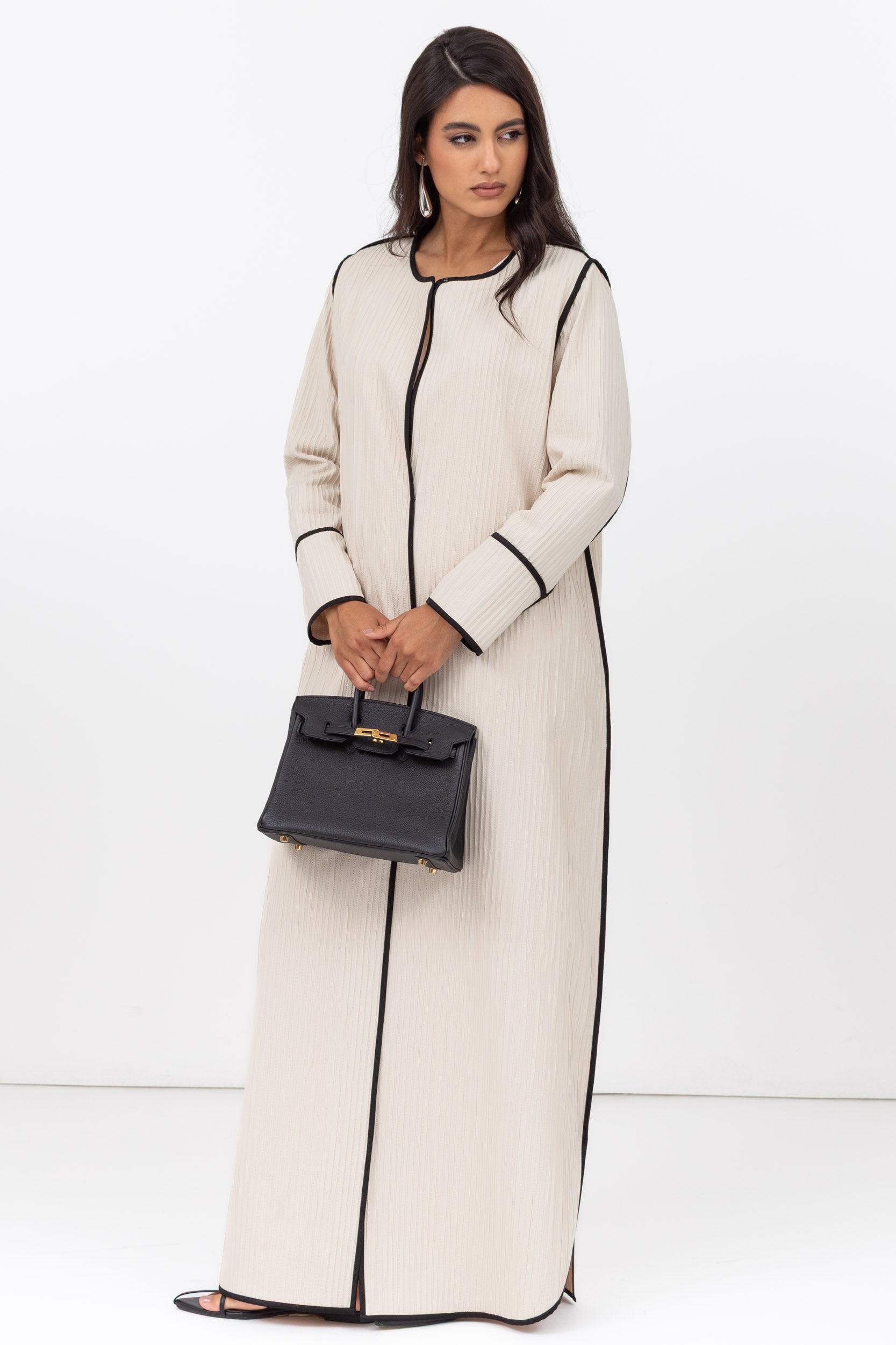 Structured Abaya in Creme with Black Piping Details RTW