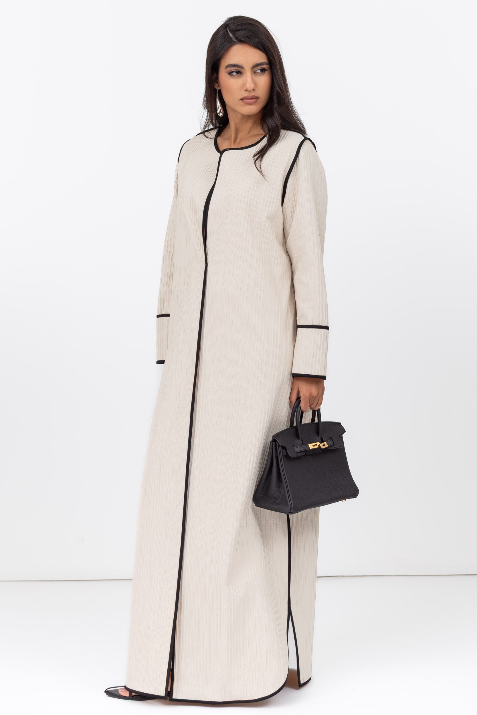 Structured Abaya in Creme with Black Piping Details RTW