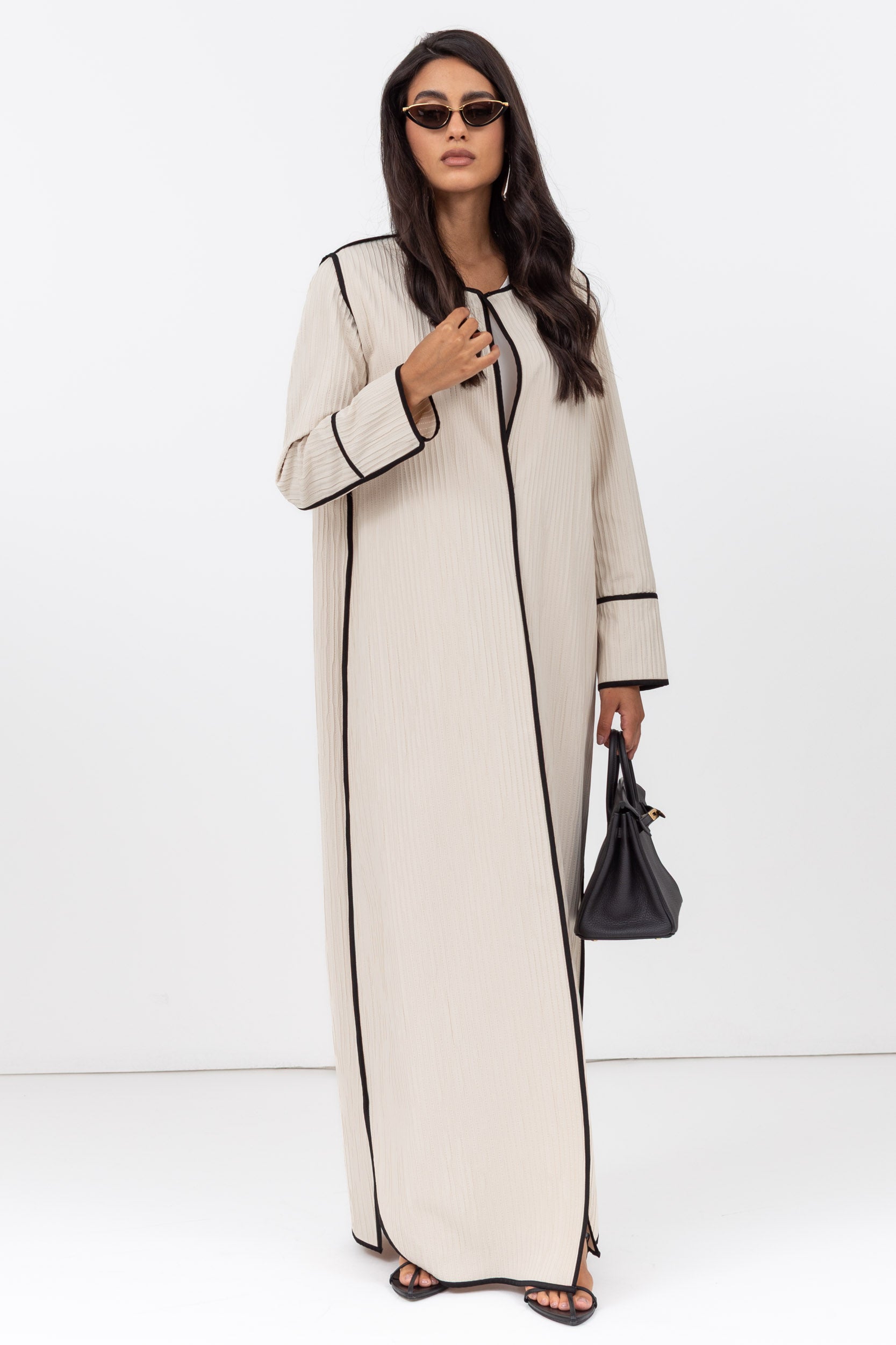 Structured Abaya in Creme with Black Piping Details RTW
