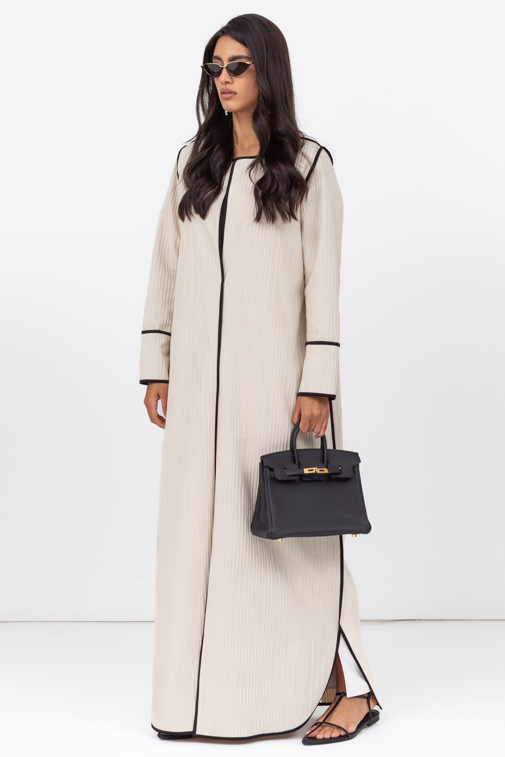 Structured Abaya in Creme with Black Piping Details RTW