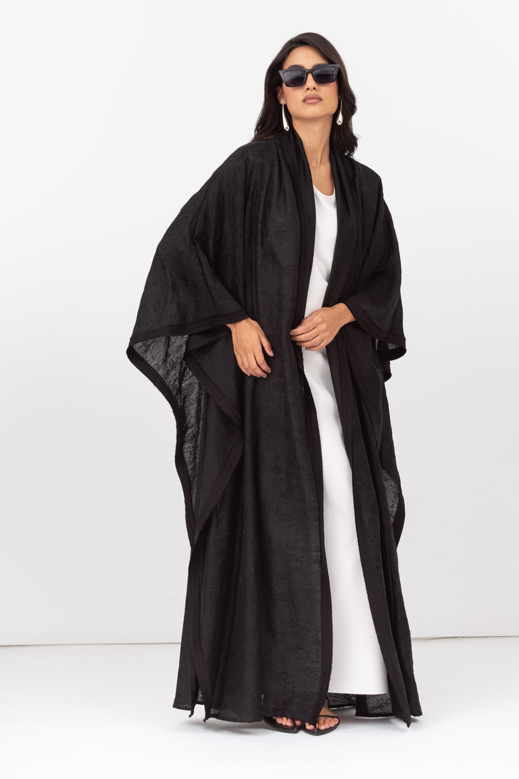Jacquard Floral Flow Abaya in Black with Satin Details