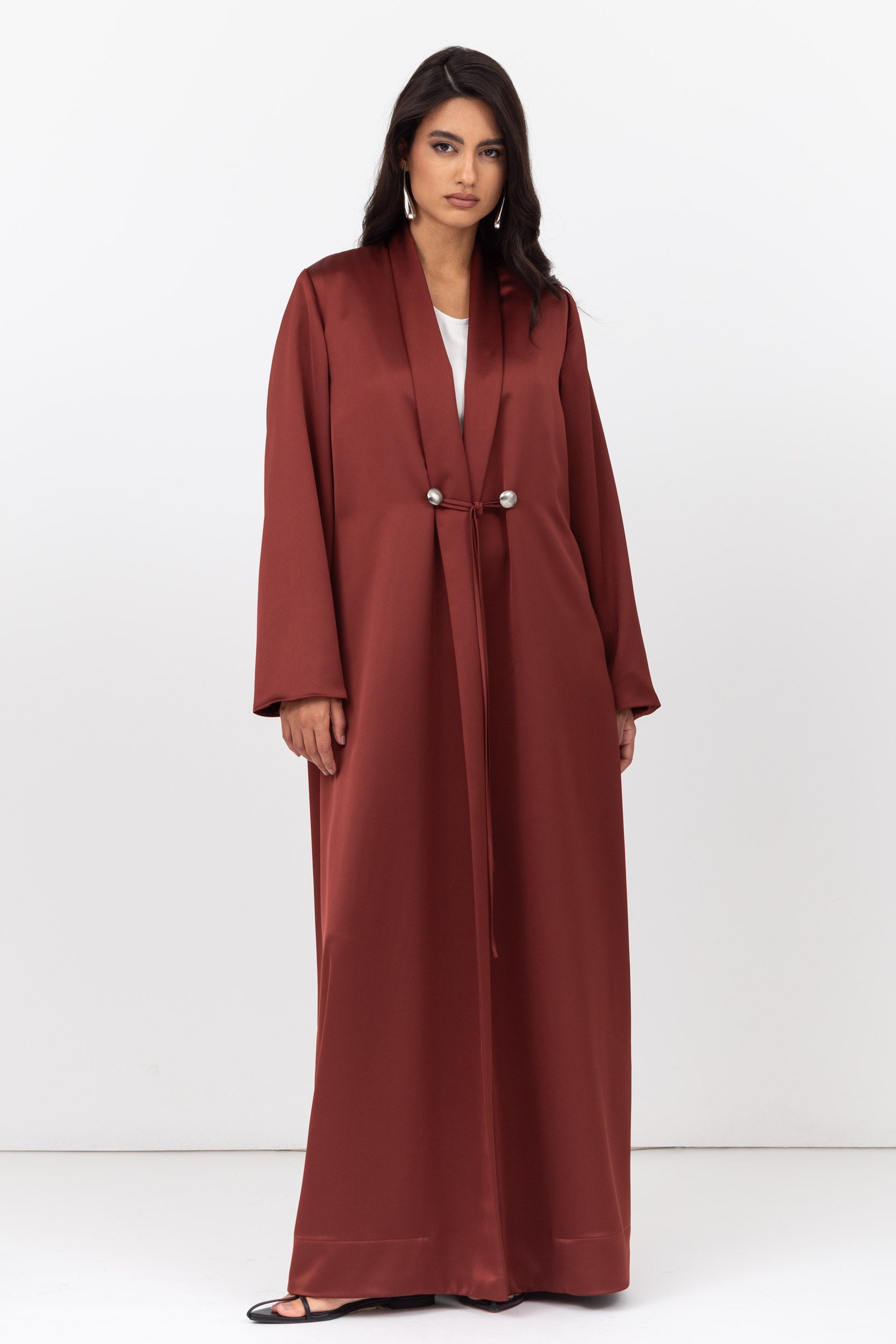 Copper Shawl Collar Abaya with Tassel-Button Details RTW