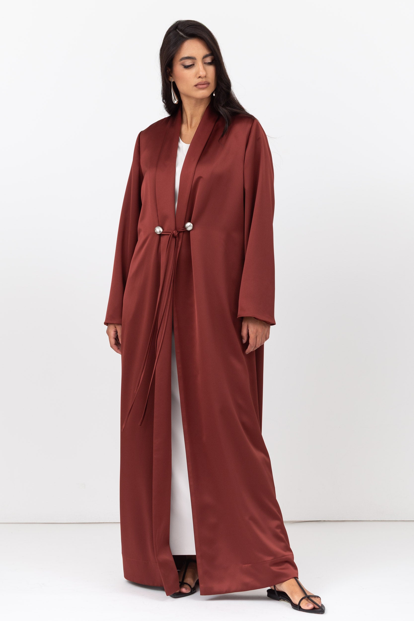 Copper Shawl Collar Abaya with Tassel-Button Details RTW