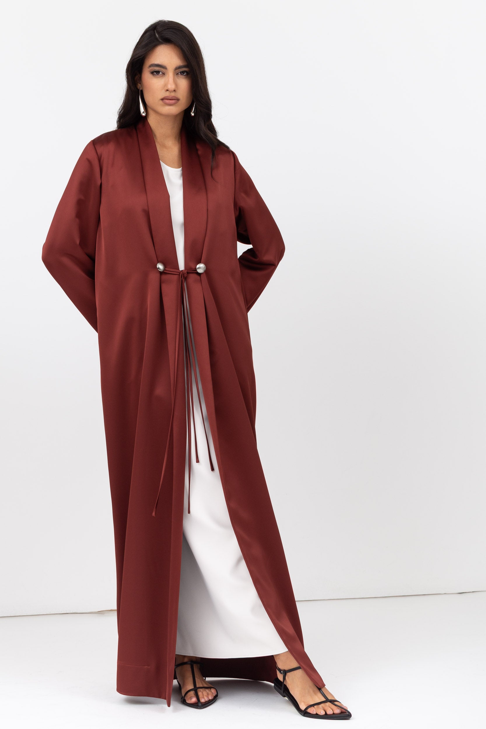 Copper Shawl Collar Abaya with Tassel-Button Details RTW