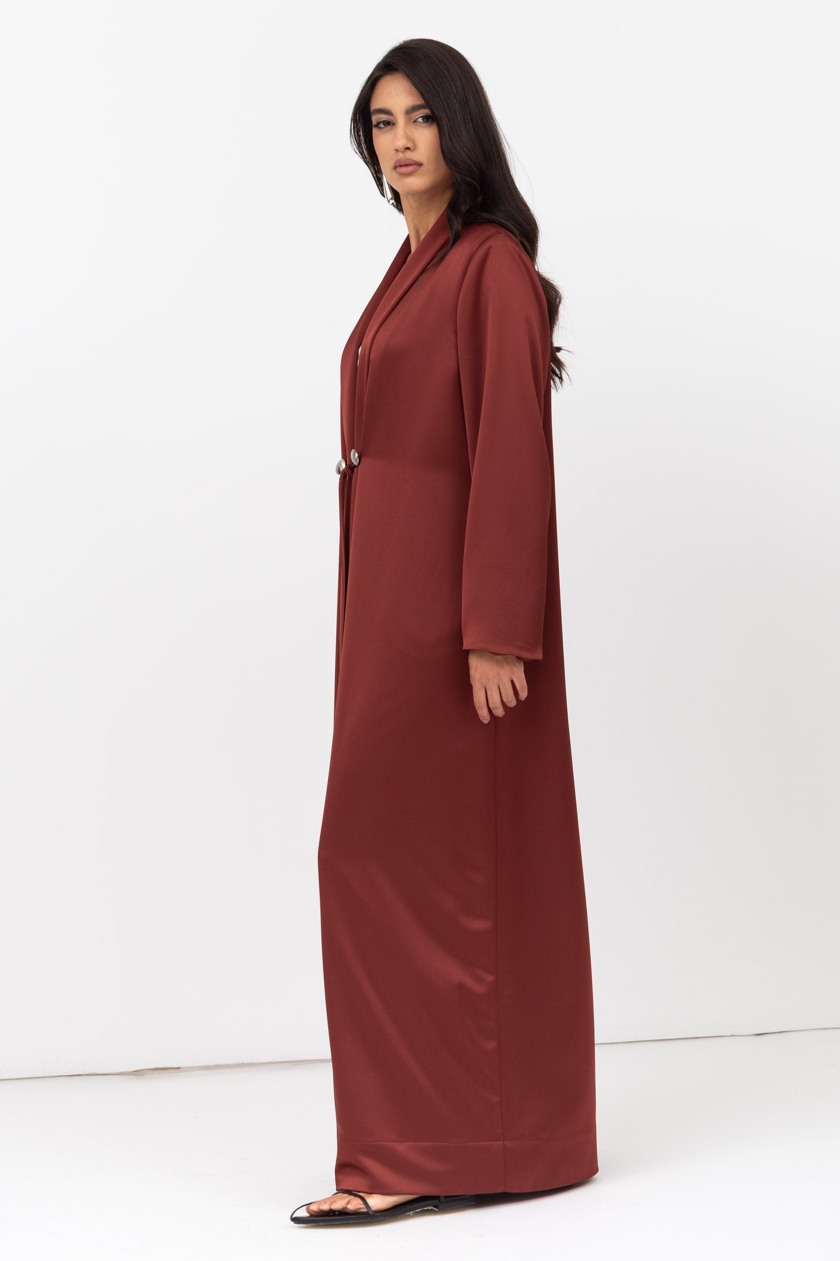 Copper Shawl Collar Abaya with Tassel-Button Details RTW