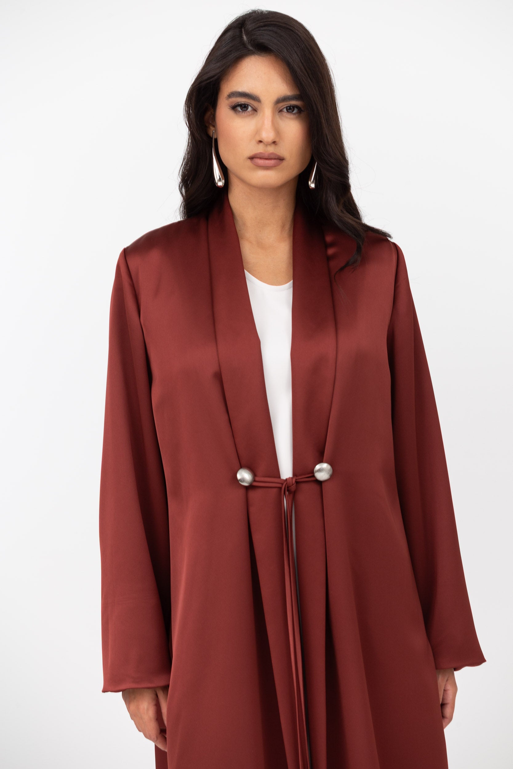 Copper Shawl Collar Abaya with Tassel-Button Details RTW