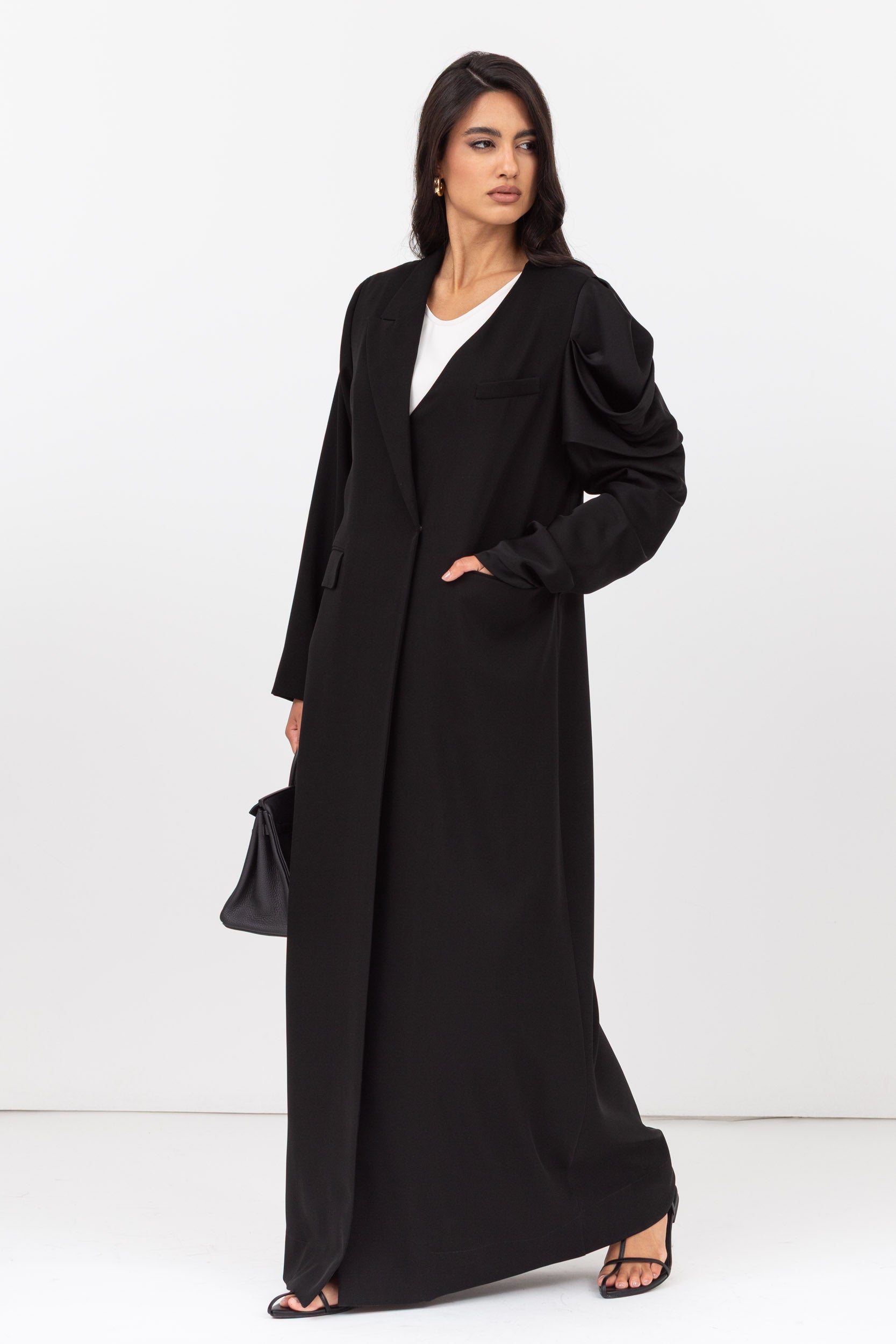 Suit Abaya with Draped Satin Sleeve in Black RTW