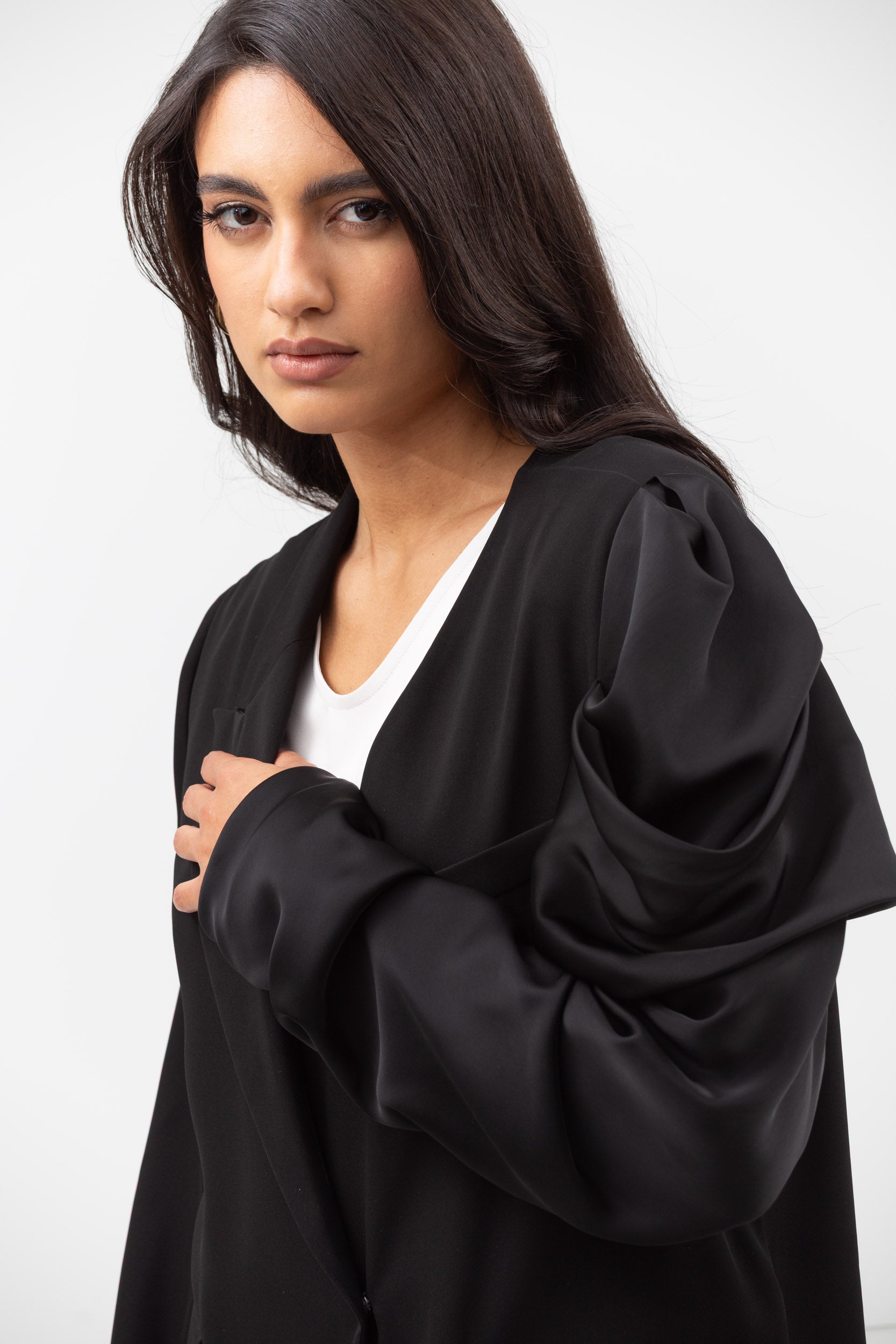 Suit Abaya with Draped Satin Sleeve in Black RTW