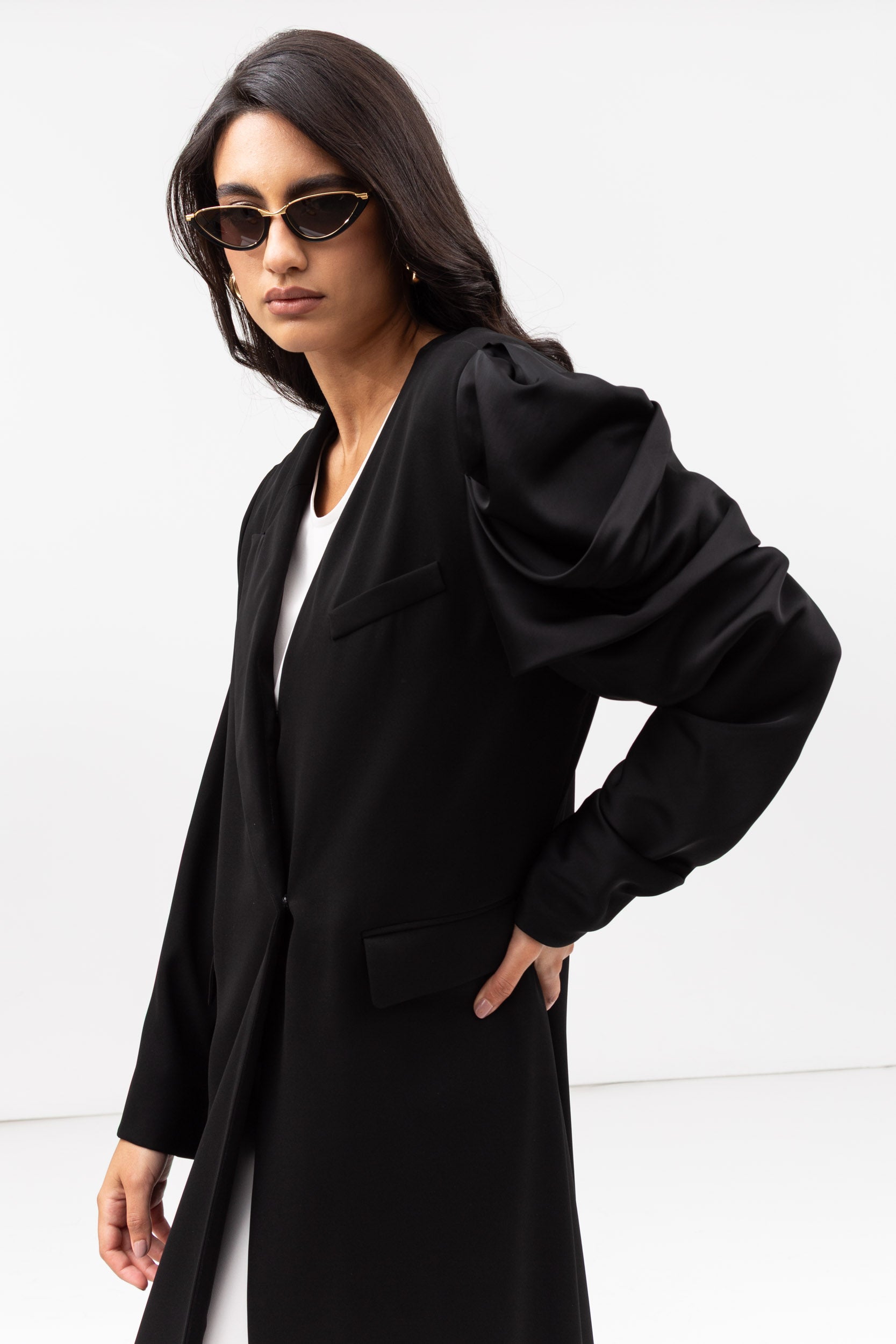 Suit Abaya with Draped Satin Sleeve in Black RTW