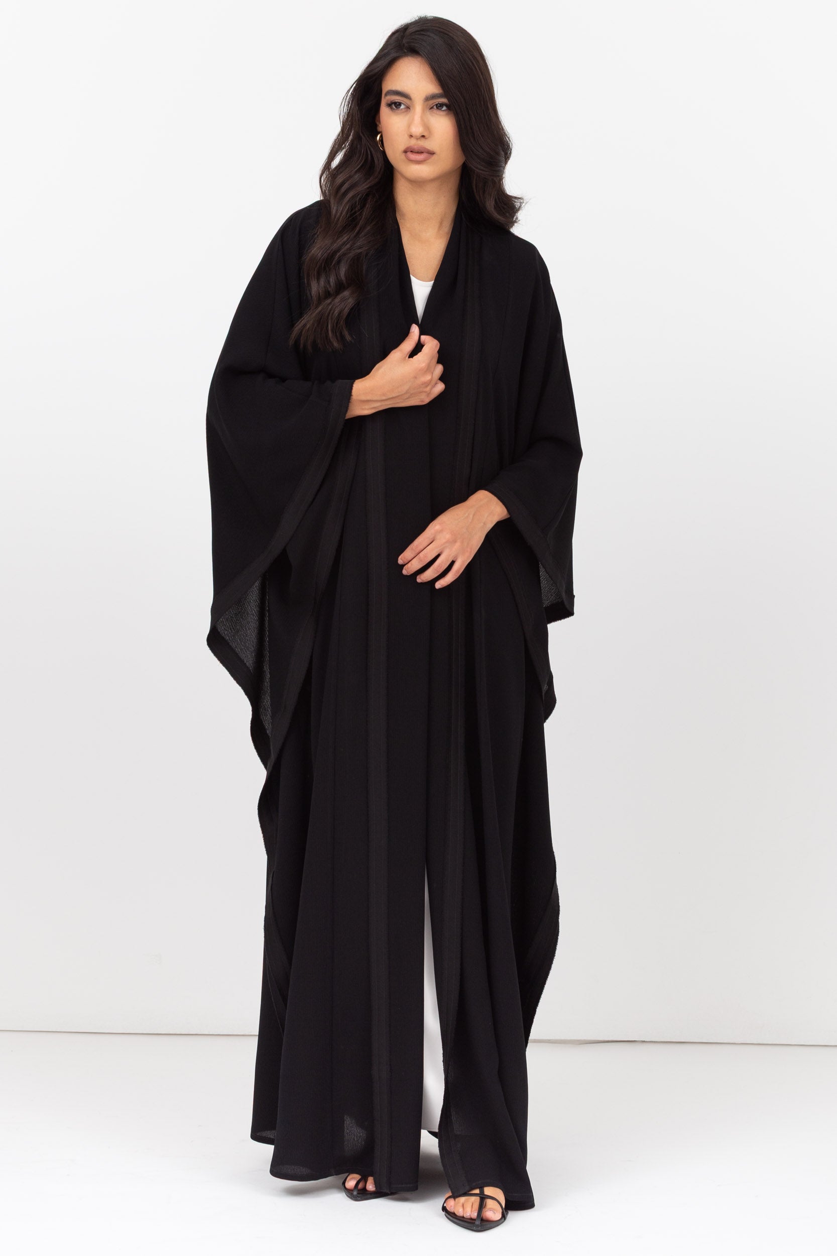 Flow Abaya in Black Crinkle with Satin Details