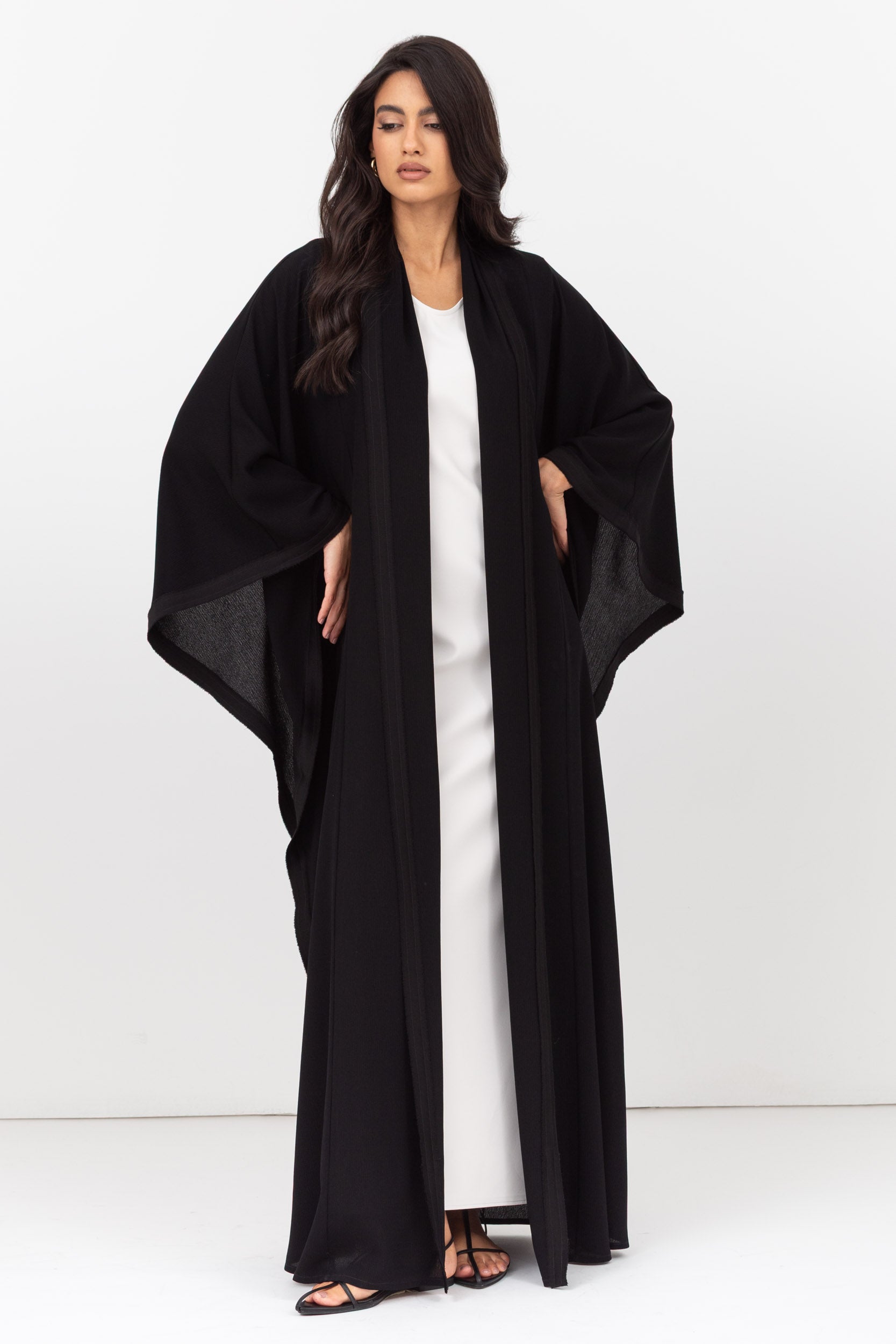 Flow Abaya in Black Crinkle with Satin Details