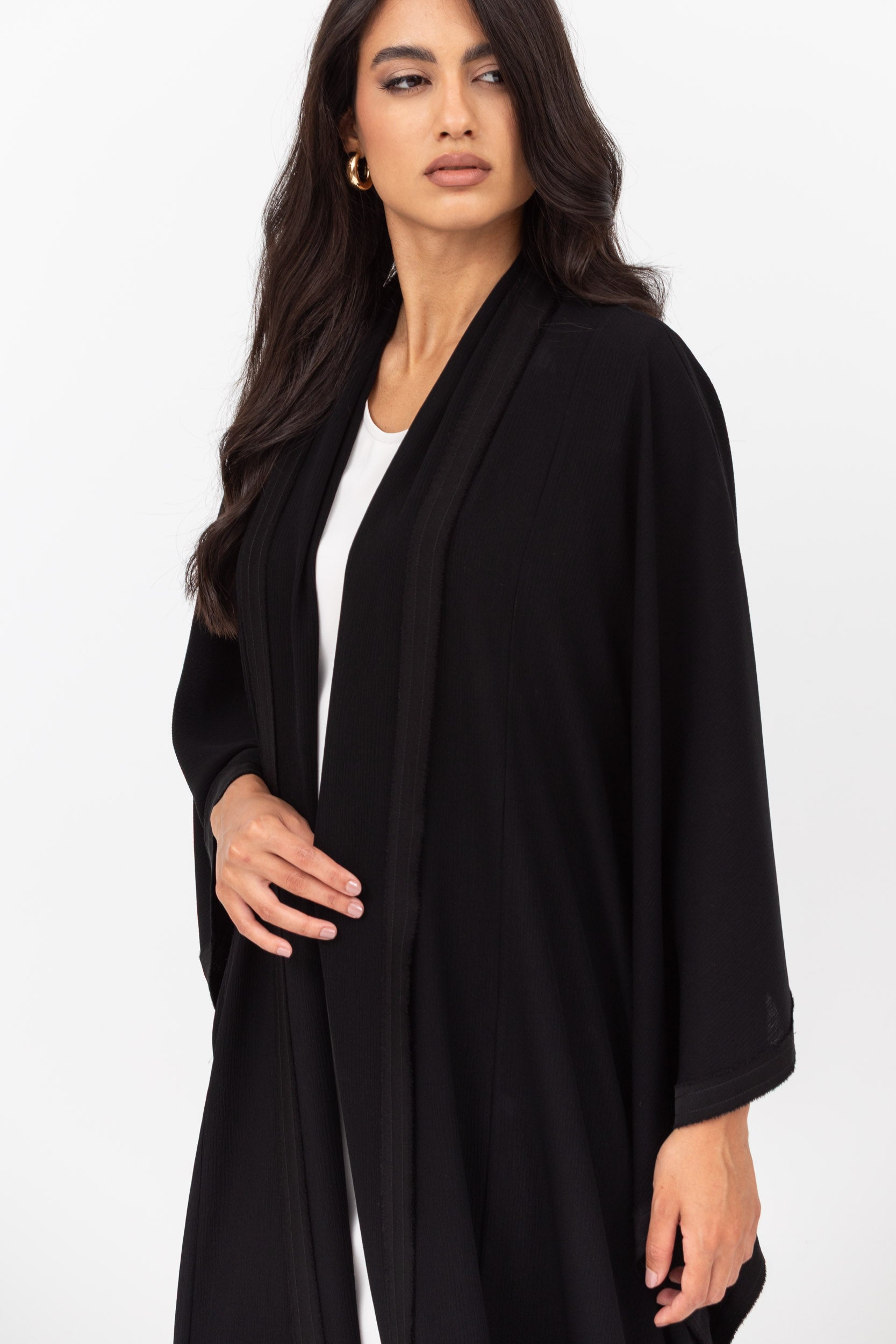 Flow Abaya in Black Crinkle with Satin Details