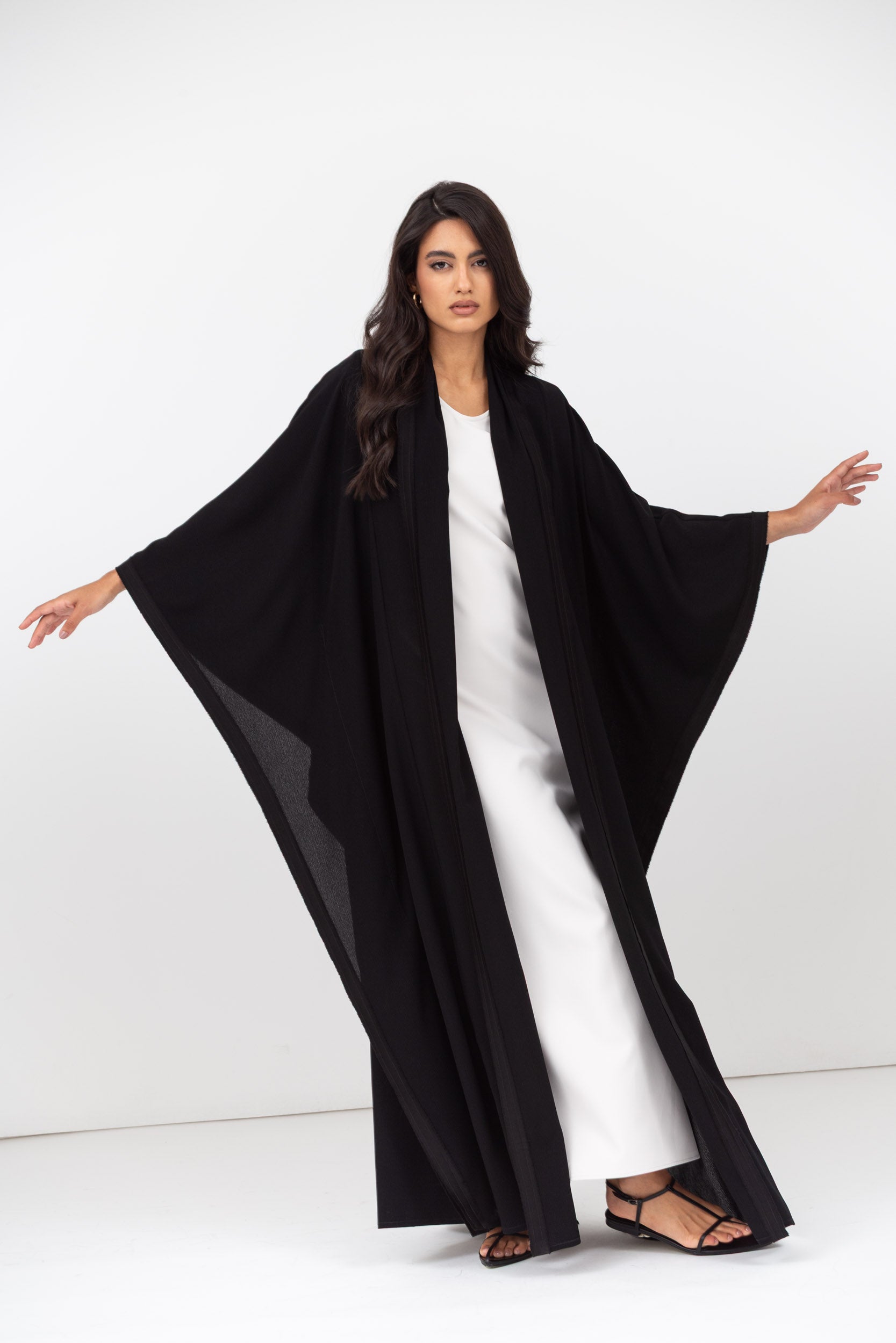 Flow Abaya in Black Crinkle with Satin Details