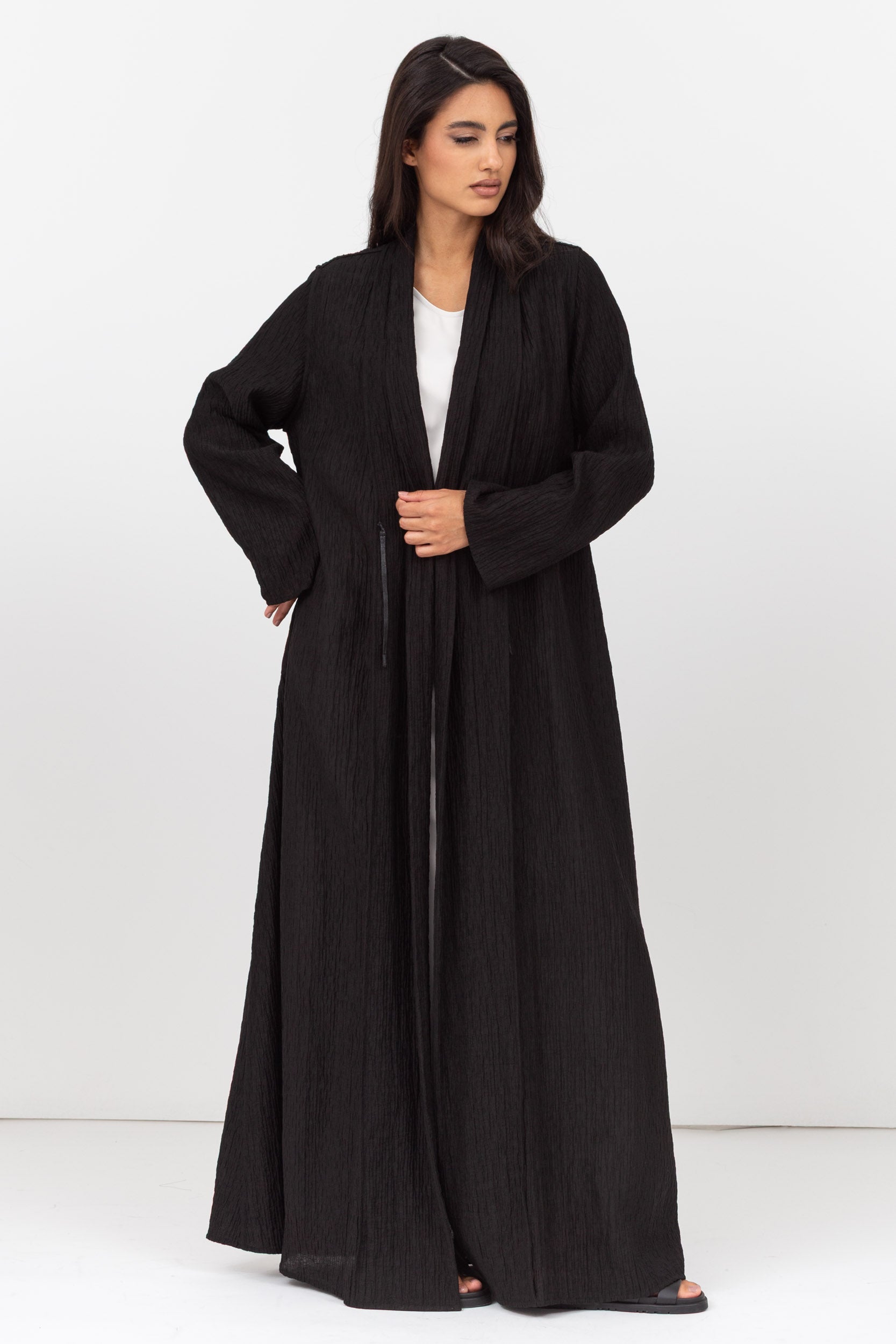 Loose Cut Textured Black Abaya with Japanese Tie Up
