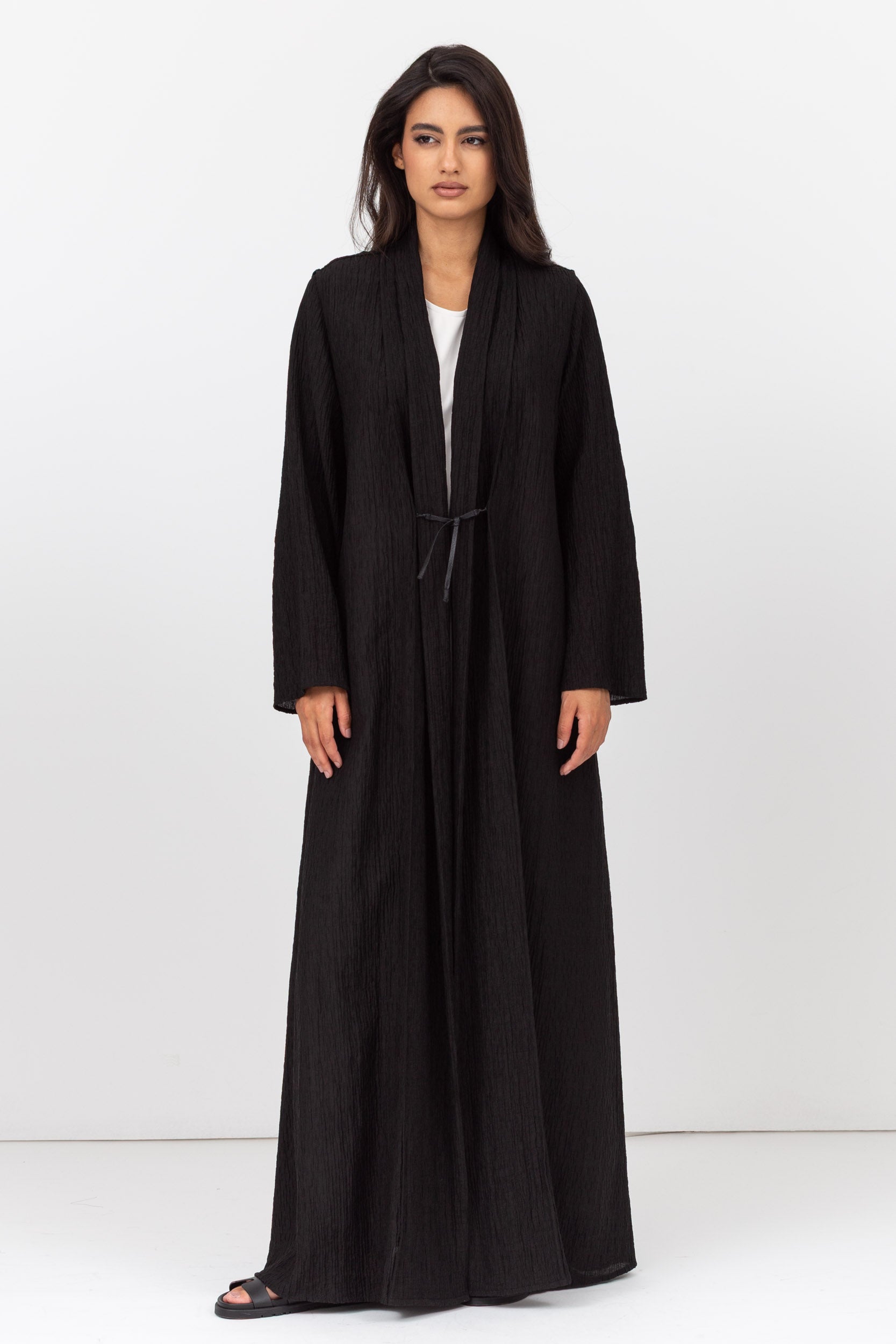 Loose Cut Textured Black Abaya with Japanese Tie Up