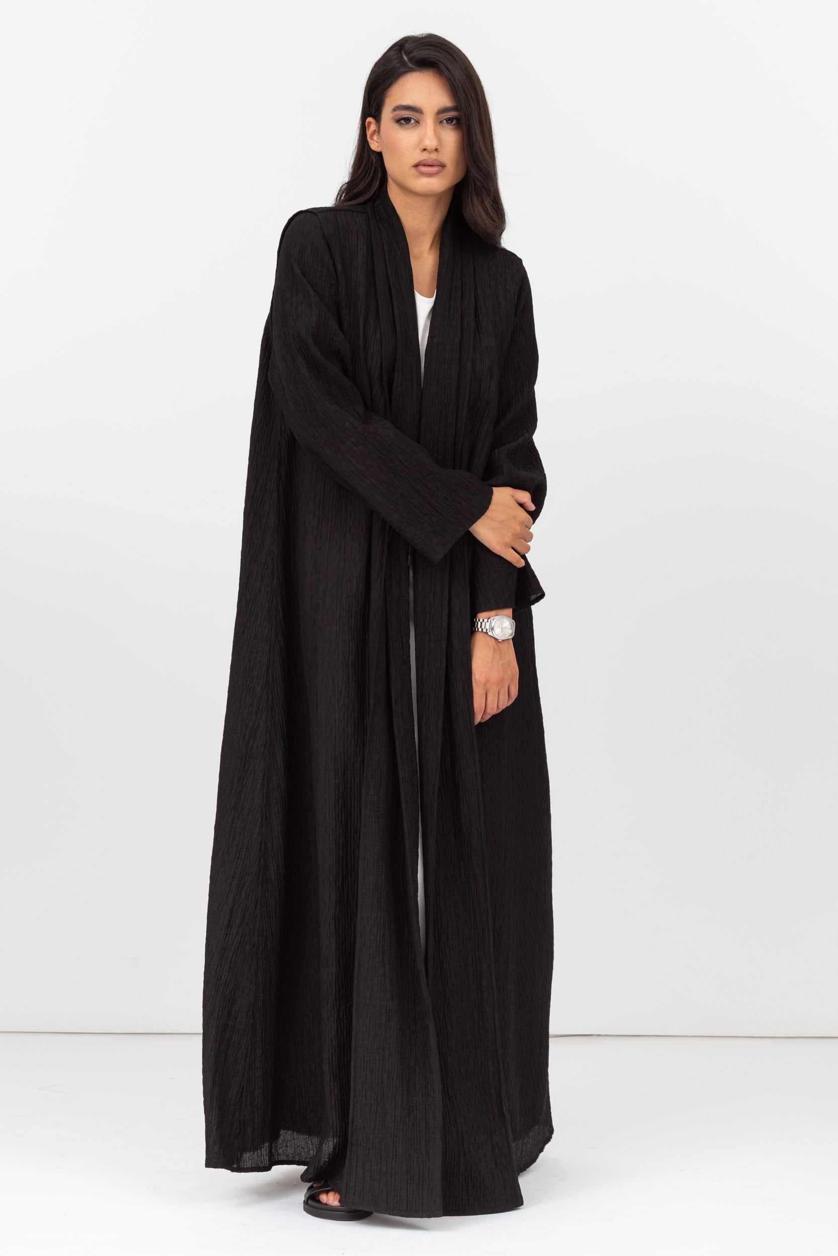 Loose Cut Textured Black Abaya with Japanese Tie Up