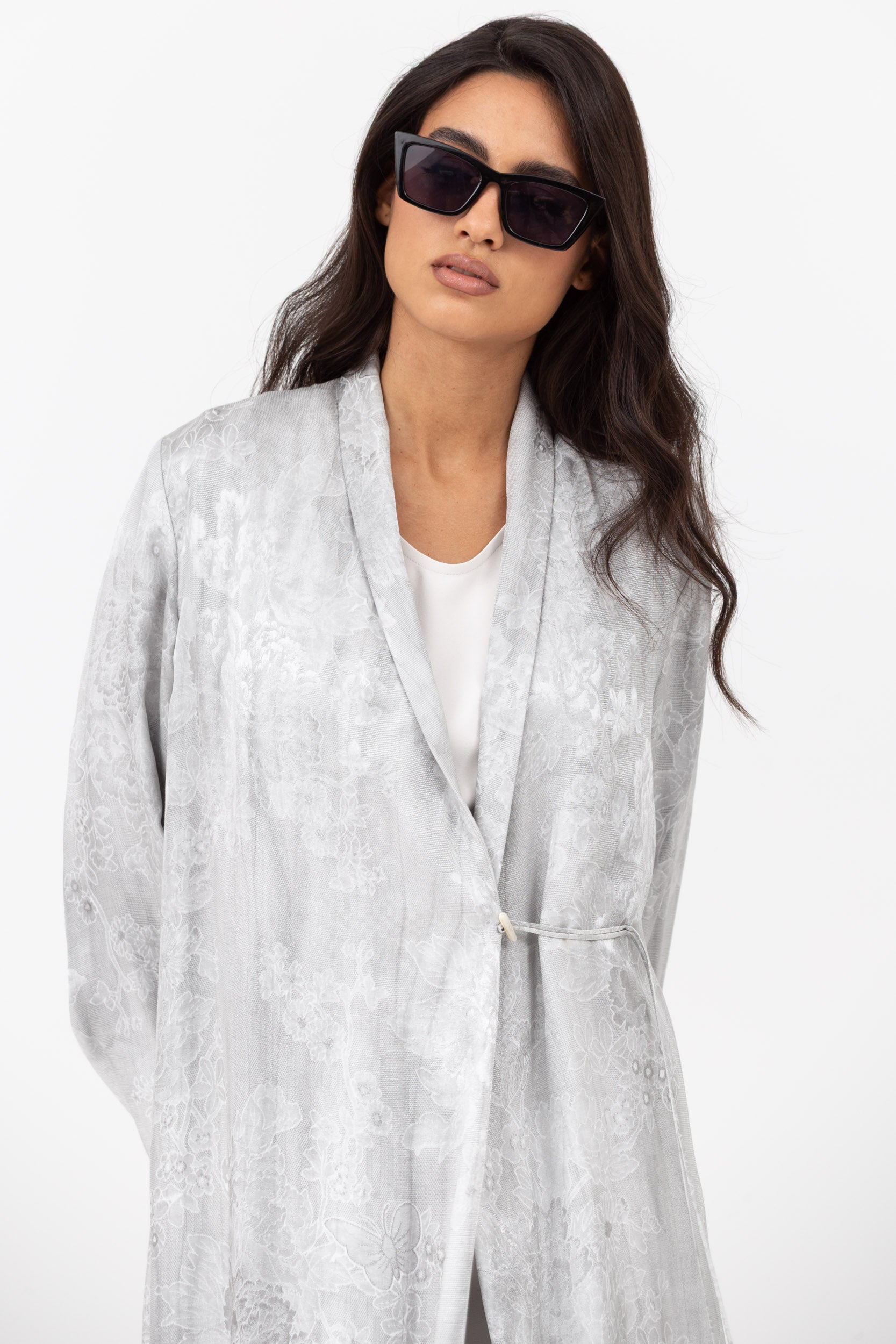 Flow Abaya in Silver Floral Pattern with Tassel - Button Closing RTW