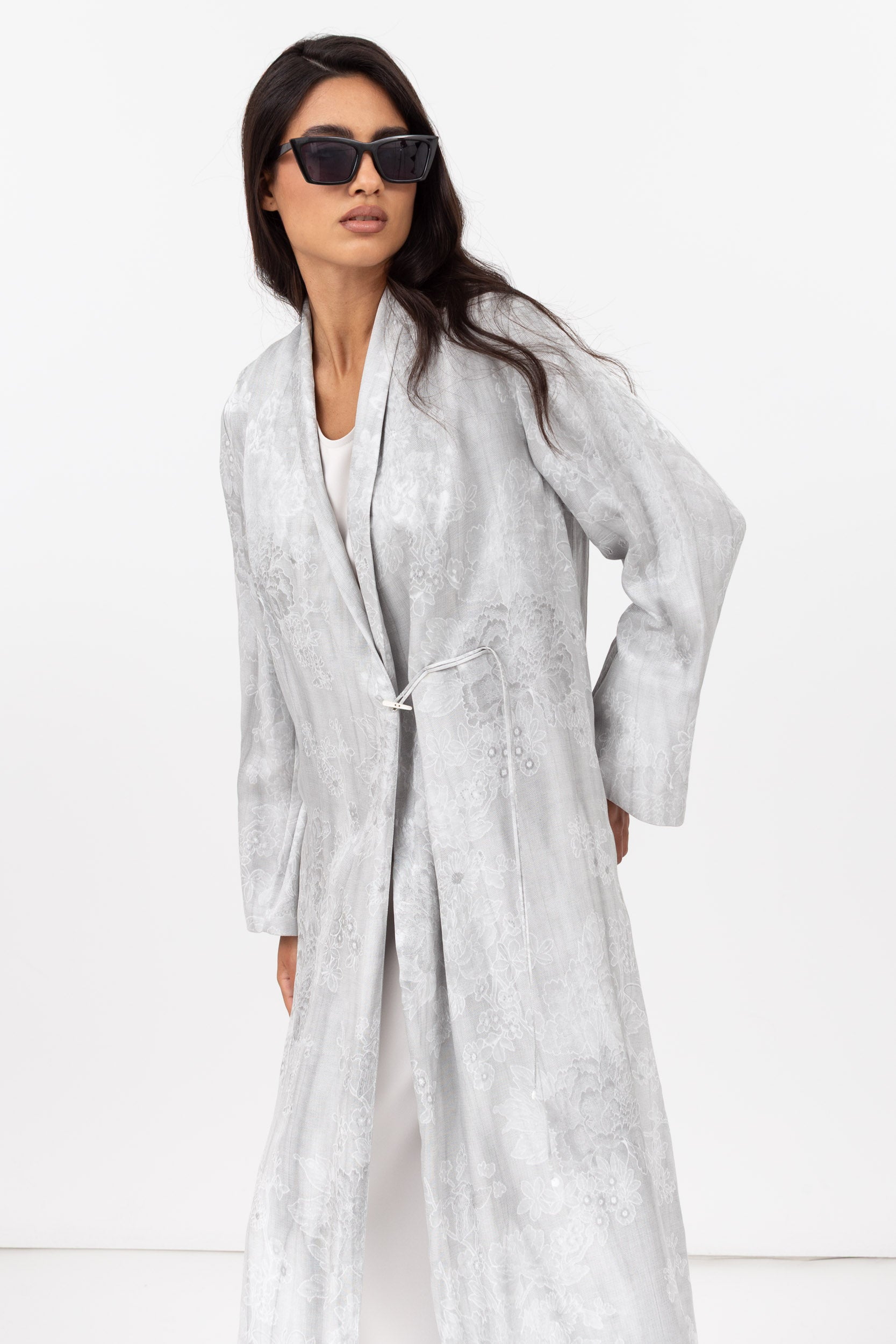 Flow Abaya in Silver Floral Pattern with Tassel - Button Closing RTW