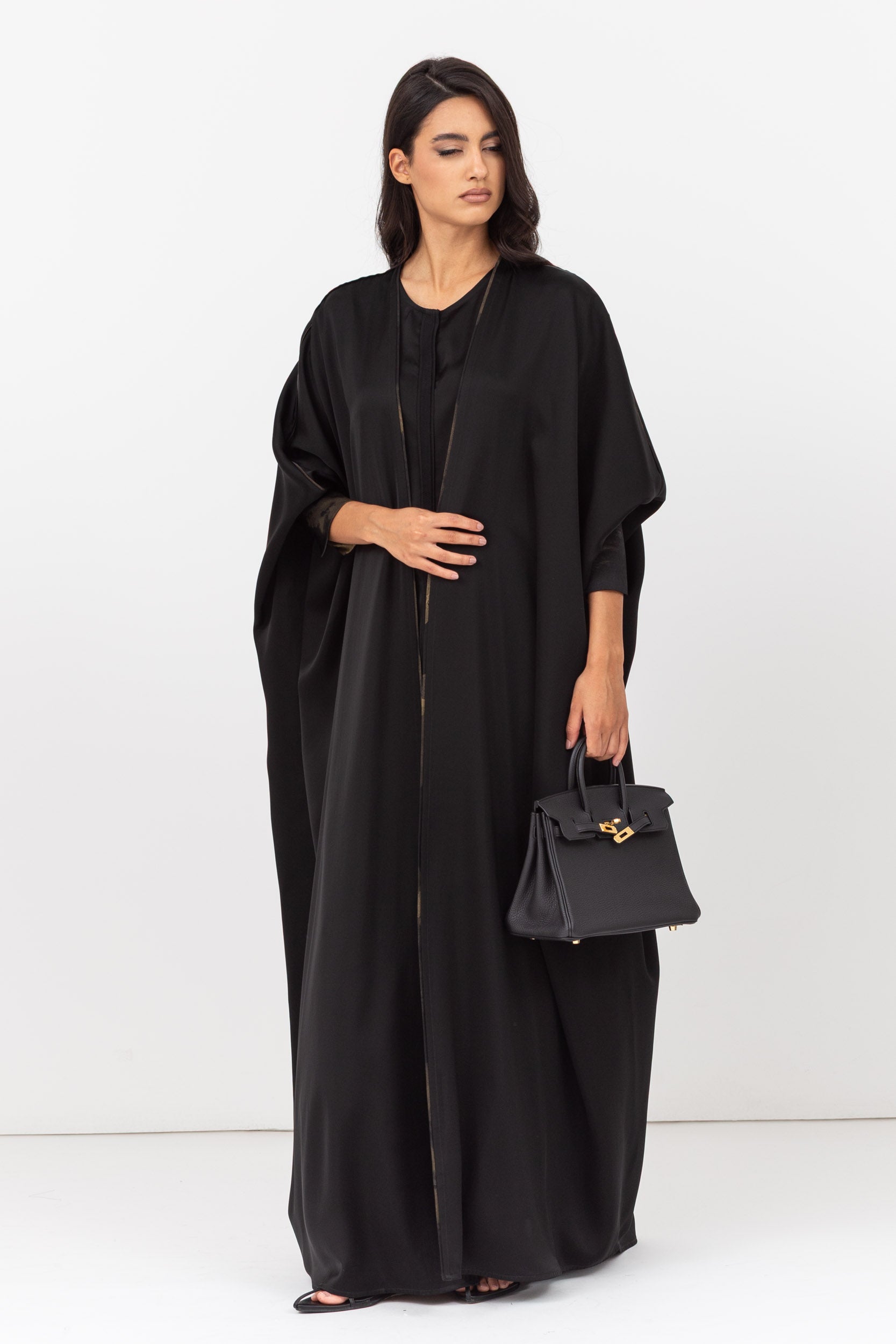 Butterfly Abaya in Black with Cuff and Piping in Golden Brushstrokes