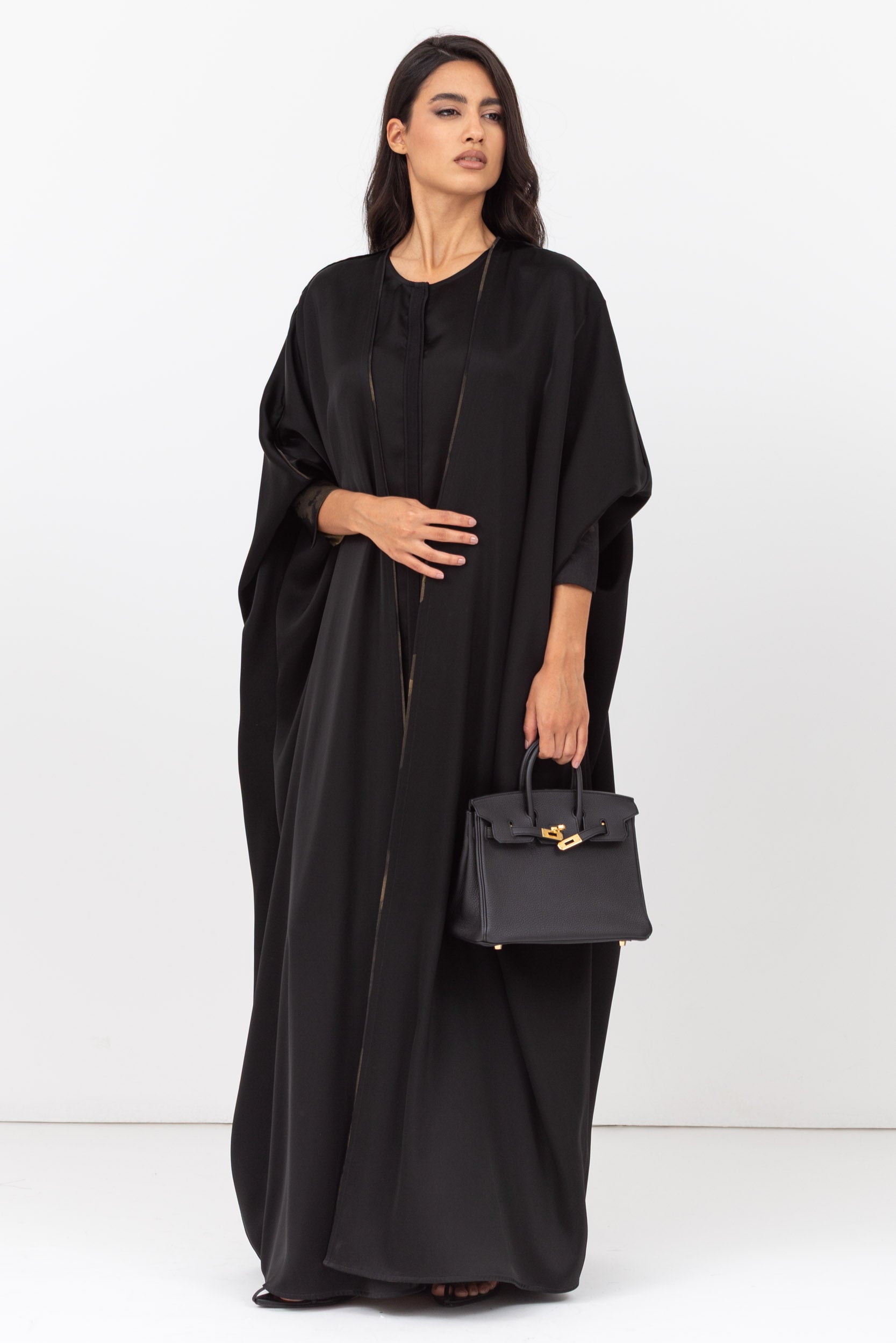 Butterfly Abaya in Black with Cuff and Piping in Golden Brushstrokes